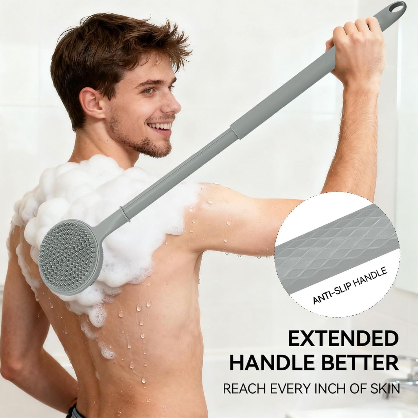 Back Scrubber for Shower, (16-24 Inch) Extendable Bath Brush Long Handle for Shower, Silicone Body Scrubber with Handle, Back Brush for Shower Men and Women,Easy to Clean (Gray)