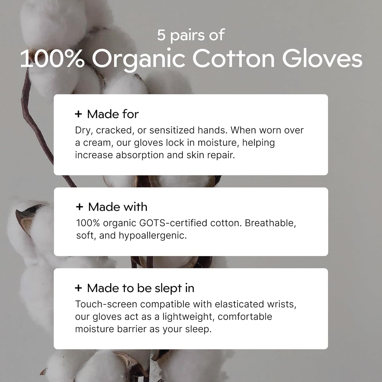 Clearbody Organics 100% Organic Cotton Gloves - 5 Pairs 10 Pc, Small, White - Moisture Lock & Moisturizing Gloves Overnight - Versatile Cotton Hand Liners