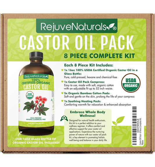 Castor Oil Pack - 8 Piece Complete Kit. Includes 16oz Glass Bottle of Organic Castor Oil, Easy to use Organic Cotton Compress with Adjustable Fit, 5 Soft Cotton Pads & Soothing Heat Pack..