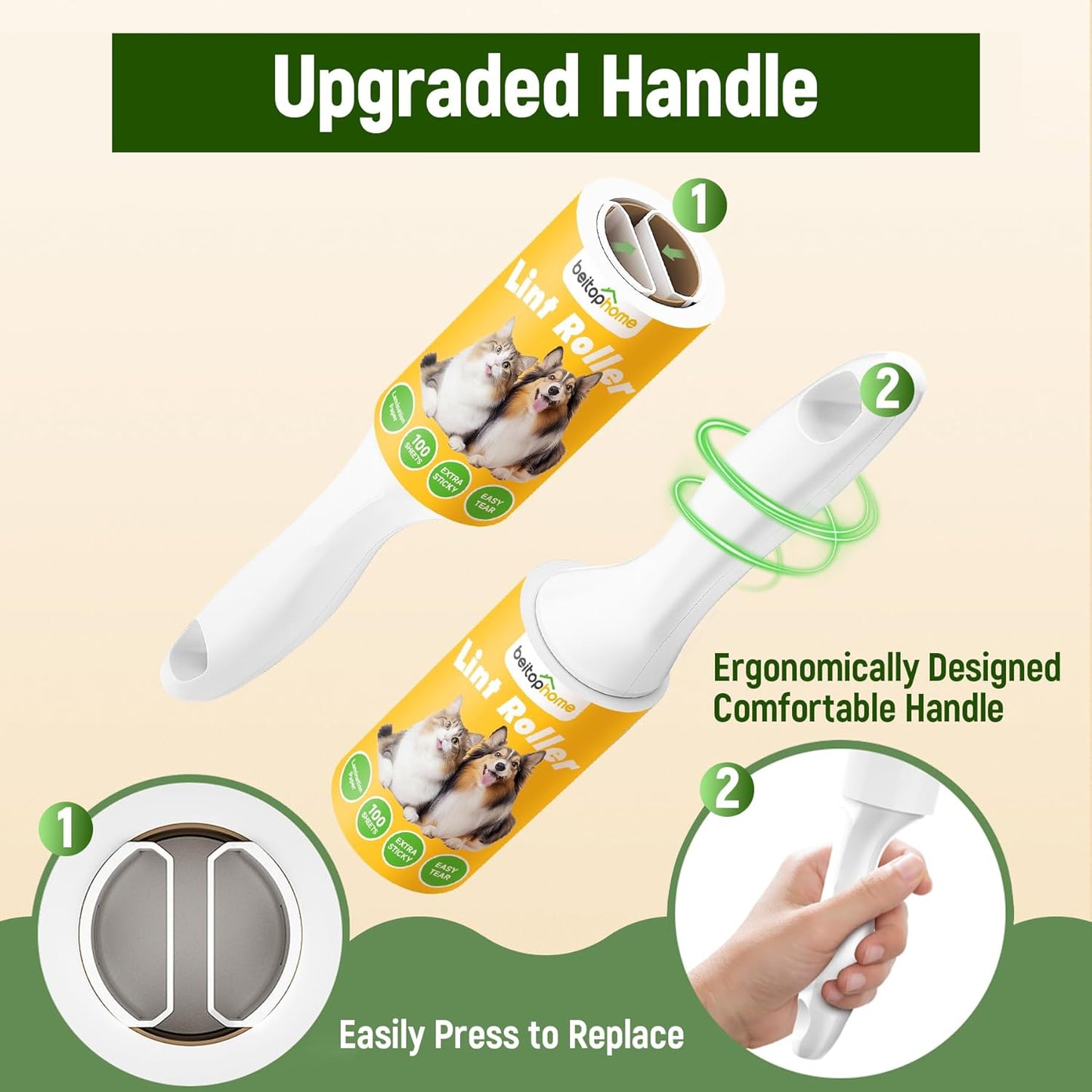 Extra Sticky Lint Roller for Pet Hair – 500 Sheets, Reinforced 2 Handles, Dog & Cat Hair Remover for Clothes, Carpet, Furniture