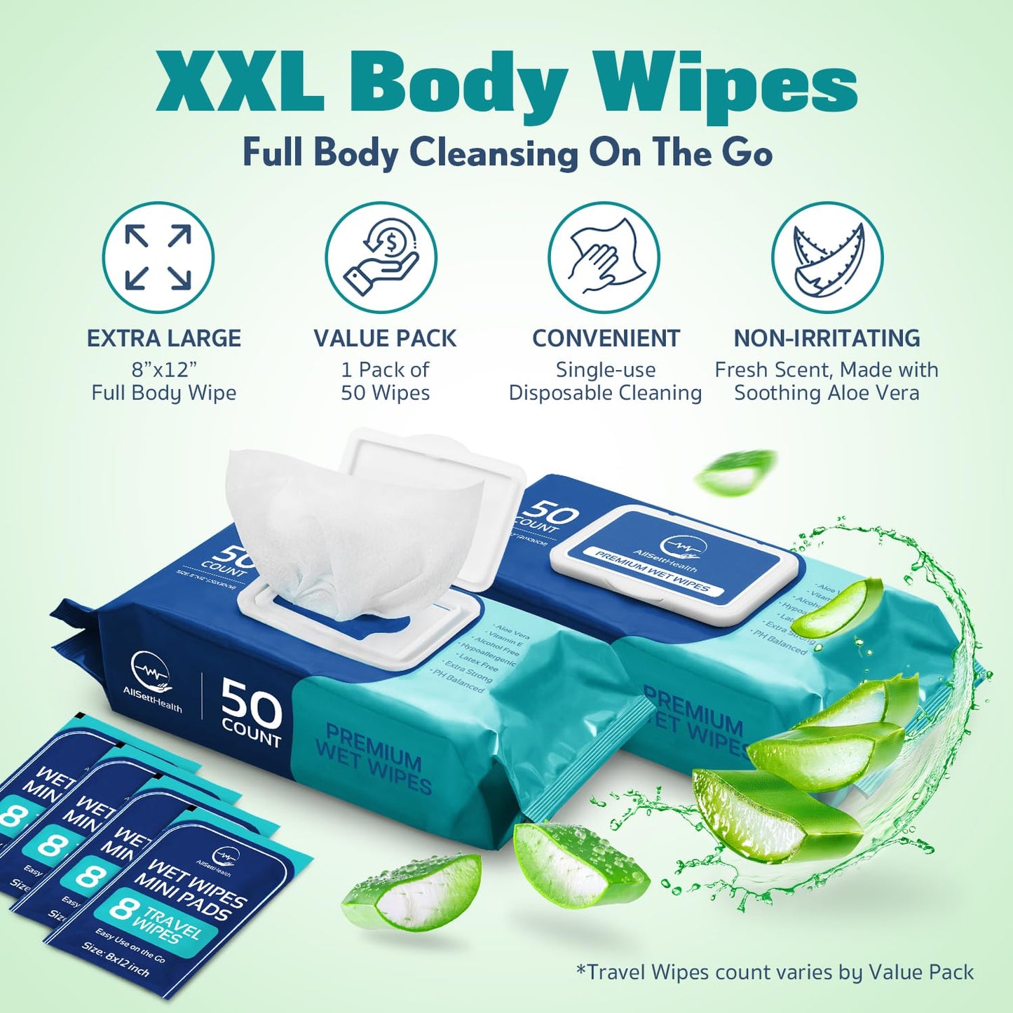 Body Wipes for Adults Bathing No Rinse - Adult Wipes for Elderly 8" x 12" (400 count) Shower for Adults No Rinse, Incontinence Disposable Washcloths, Aloe Vera, Vitamin E