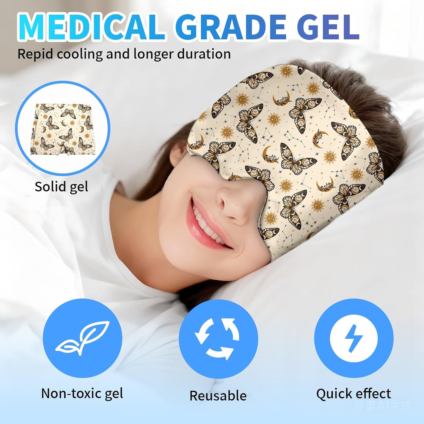 Migraine Relief Cap,Headache Relieve Cap,Beige Boho Butterfly Reusable Gel Ice Head Wrap Cap for Tension,Stress,Hangover & Puffy Eyes.