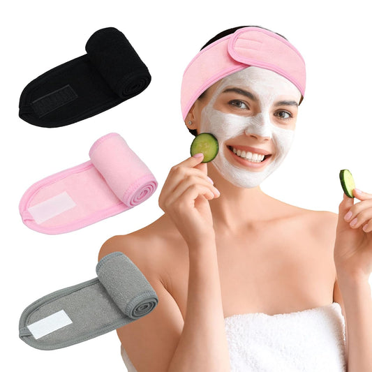 3 Pack Facial Spa Headband for Women - Adjustable, Non-Slip Terry Cloth Headband for Washing Face, Makeup, and Shower - Soft and Stretchable Hair Wrap