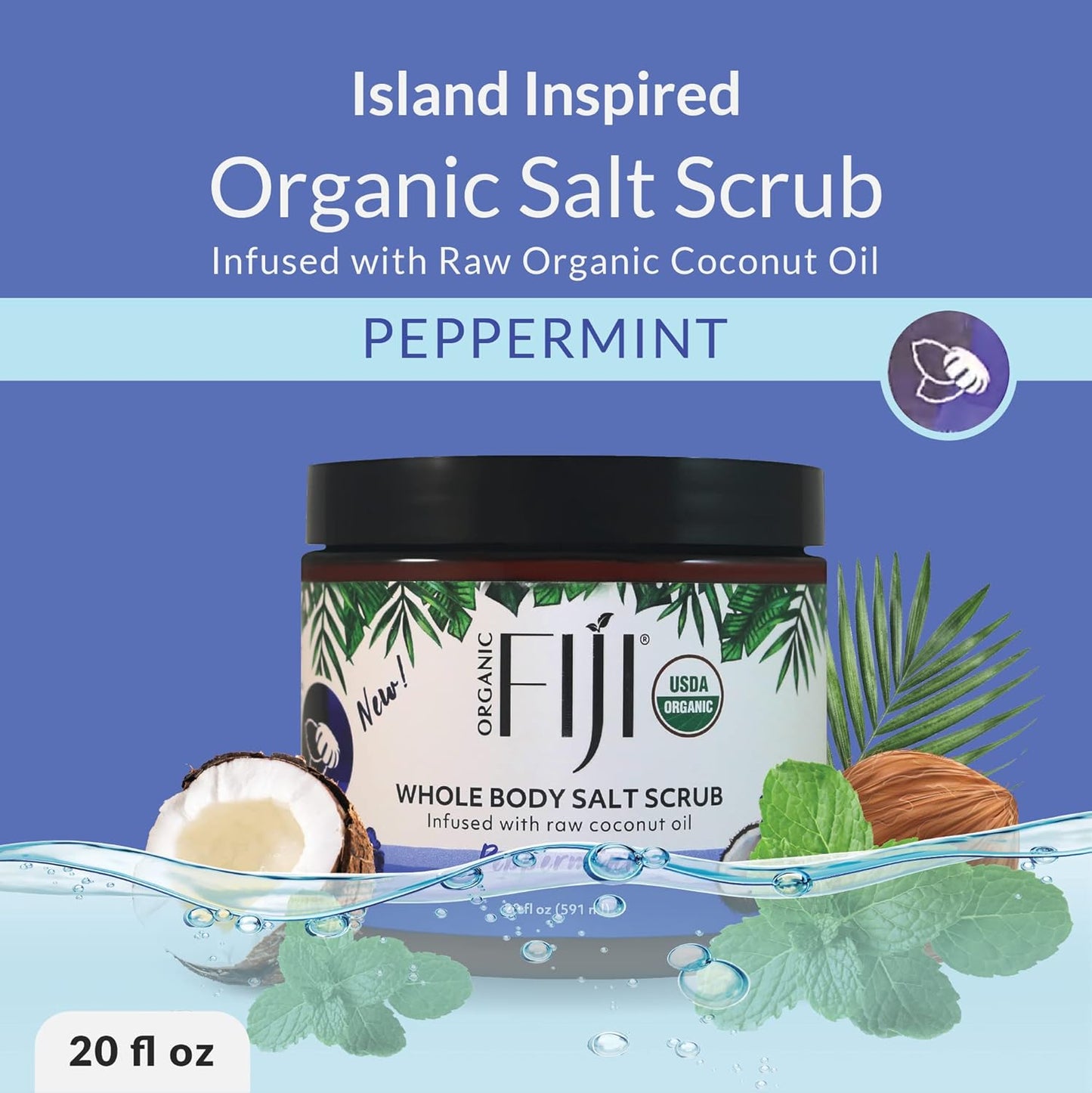 Organic Fiji Whole Body Scrub - Infused with Coconut Oil, Exfoliating Sea salt Scrub for Smooth and Soft Skin, Exfoliates & Restores Skin's Natural Biosphere, Peppermint 20 oz