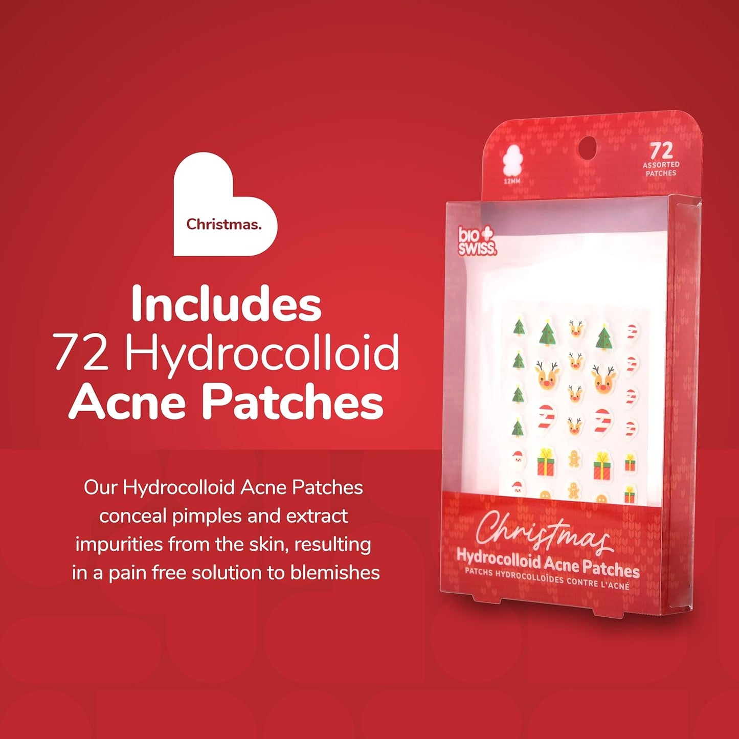 BioSwiss Pimple Patches, Christmas Acne Patch for Zits and Blemishes, Hydrocolloid Spot Stickers for Face and Skin, 72 Count