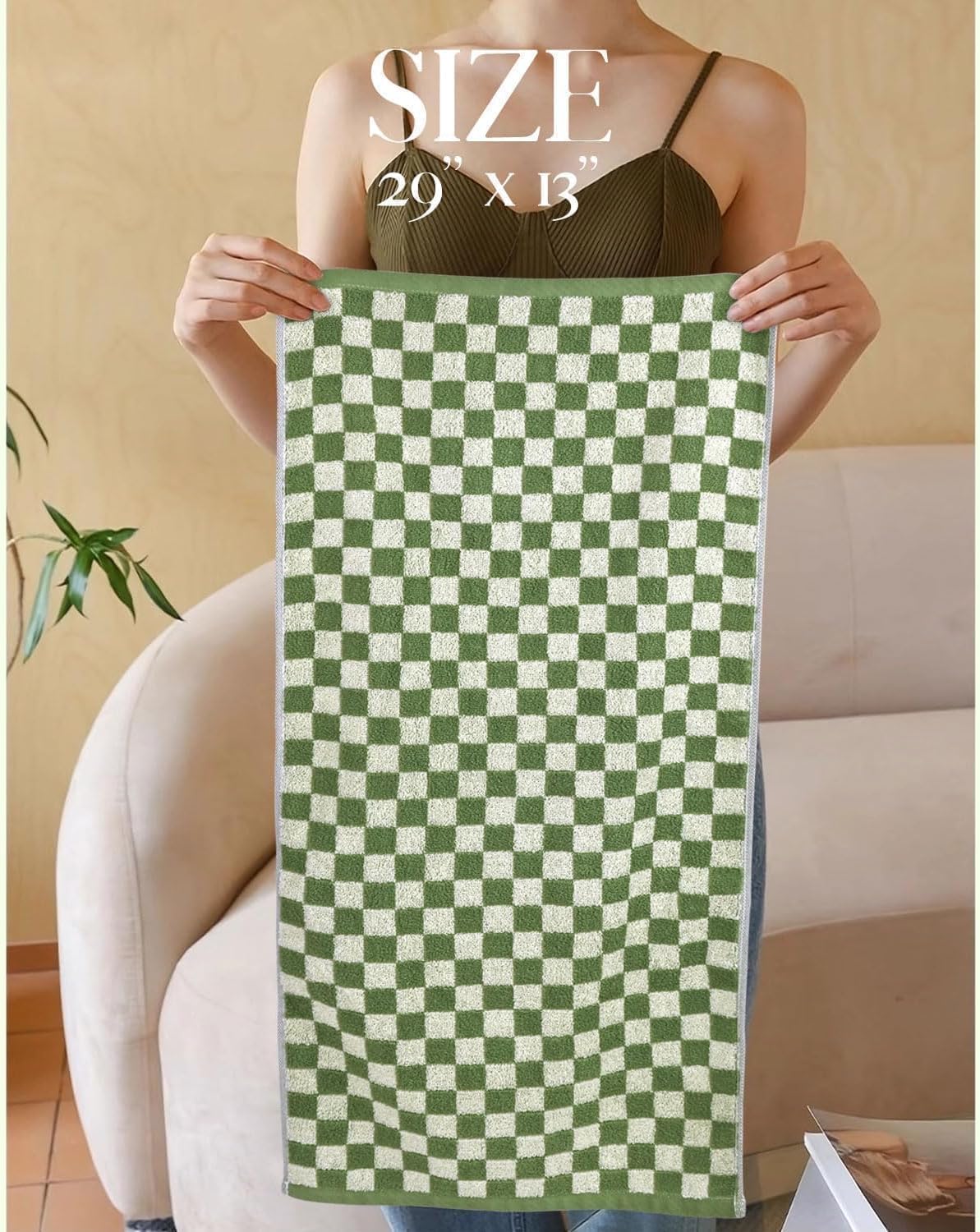 Green Hand Towels for Bathroom Set of 4 - Cute Checkered Bathroom Towels for Kitchen Decor, Lightweight for Bath Face Body