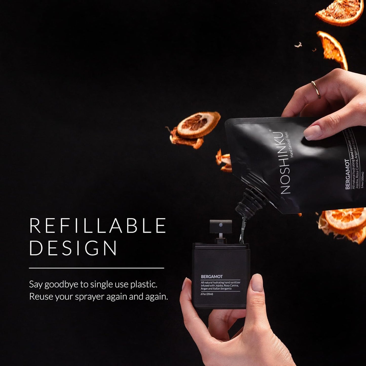 Noshinku Bergamot Pocket Hand Sanitizer Refill Kit: Refill Pouch + Sprayer Bundle | Organic Antibacterial Sanitizing Mist with Moisturizing Oils | FDA Registered | 70% Sugarcane Derived Alcohol