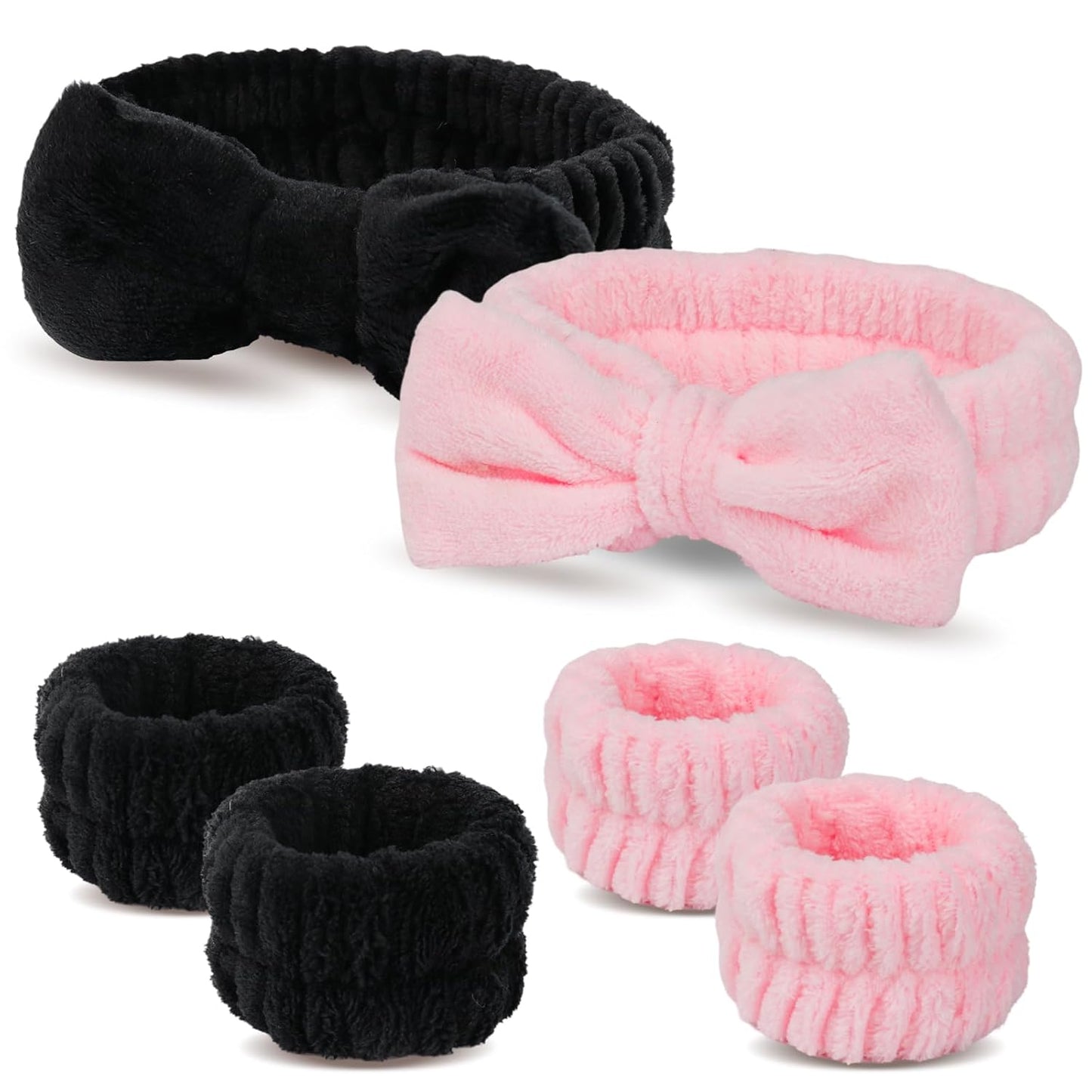 WSYUB Spa Headband and Wristbands for Face Washing,Face Wash Headband and Wristband Set,Black and Pink,6pcs