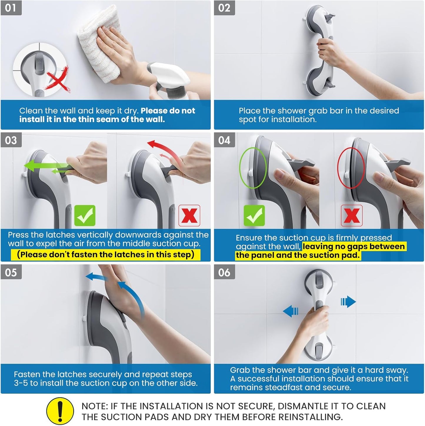 LEVERLOC Shower Grab Bar, 12 Inch Suction Grab Bars for Bathtubs, Shower Handle Handrail for Seniors Bathroom Safety Grip for Elderly, Heavy Duty No Drilling Removable,Grey