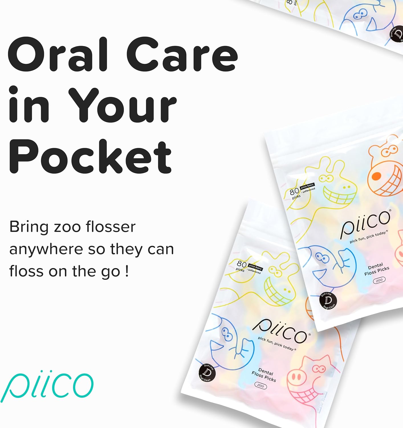 Piico Unflavored Kids Floss - No Fluoride Dual Line Dental Floss Picks - Fun Oral Care in Colorful Floss Sticks Design - Kids Flossers Avoid Tooth Decay & Gum Disease - 80 Count Zoo