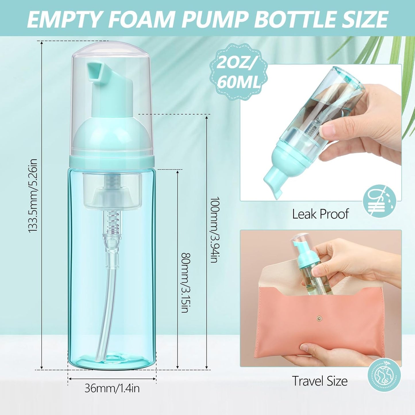 Dandat 120 Pcs 2 oz Plastic Foam Soap Dispensers Bulk Refillable Foaming Pump Bottle Empty Mini Shampoo Lash Cleaning Bottles for Travel Cosmetics Hand Soap(Green)