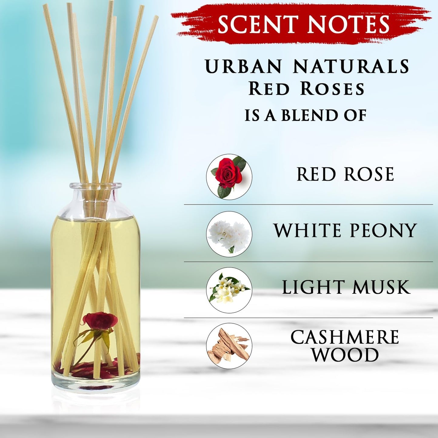 Urban Naturals Red Roses Reed Diffuser Oil Gift Set| Floral Scented Sticks Room Freshener for Bathroom, Kitchen & Bedroom | Great Idea