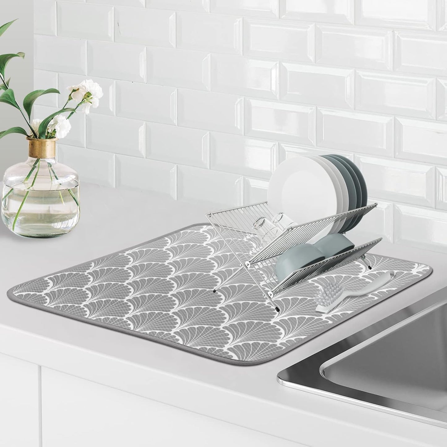 SHIYUE Dish Drying Mat for Kitchen Counter Super Absorbent Spring Kitchen Decor Microfiber Drying Matainers Rack Fast Pad Dish Drainer Mats(Grey Shell Geometric,18''x24'')