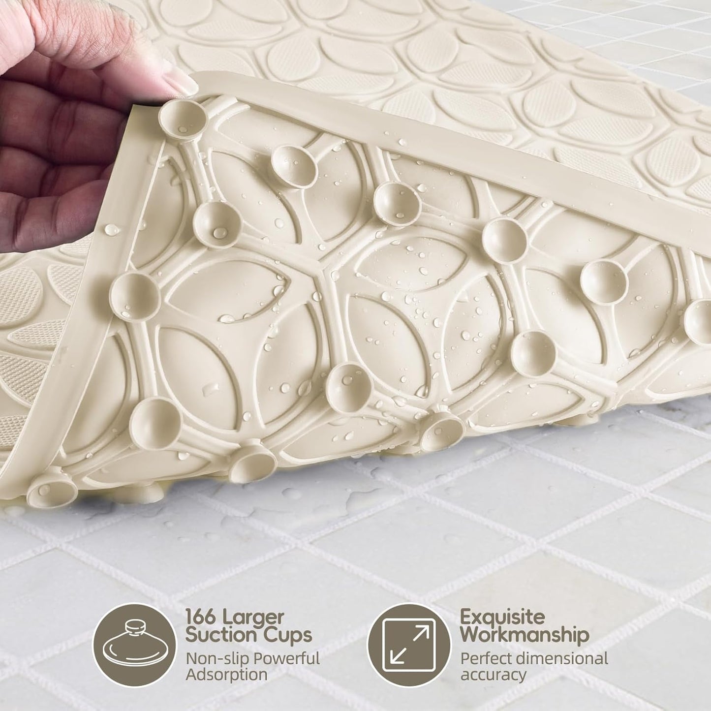 WRISIN Bathtub Mat Non Slip with Suction Cups - 100% Rubber Bathroom Mat Textured for Bath Tub Shower Safety - Soft on Touch - BPA/PVC Free - Pet Dog Bath Mat - Machine Washable - 16 × 28 Inch（Beige）