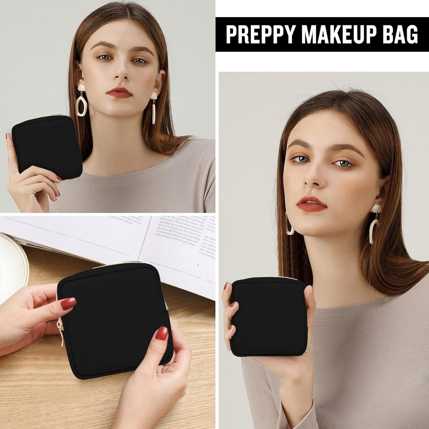 Nylon Mini Makeup Bag for Purse, Preppy Small Cute Black Makeup Bag Cosmetic Zipper Pouch Purse, Waterproof Travel Coin Pouch Sanitary Napkin Storage Bag Clutch Makeup Organizer for Women Girls(Black)