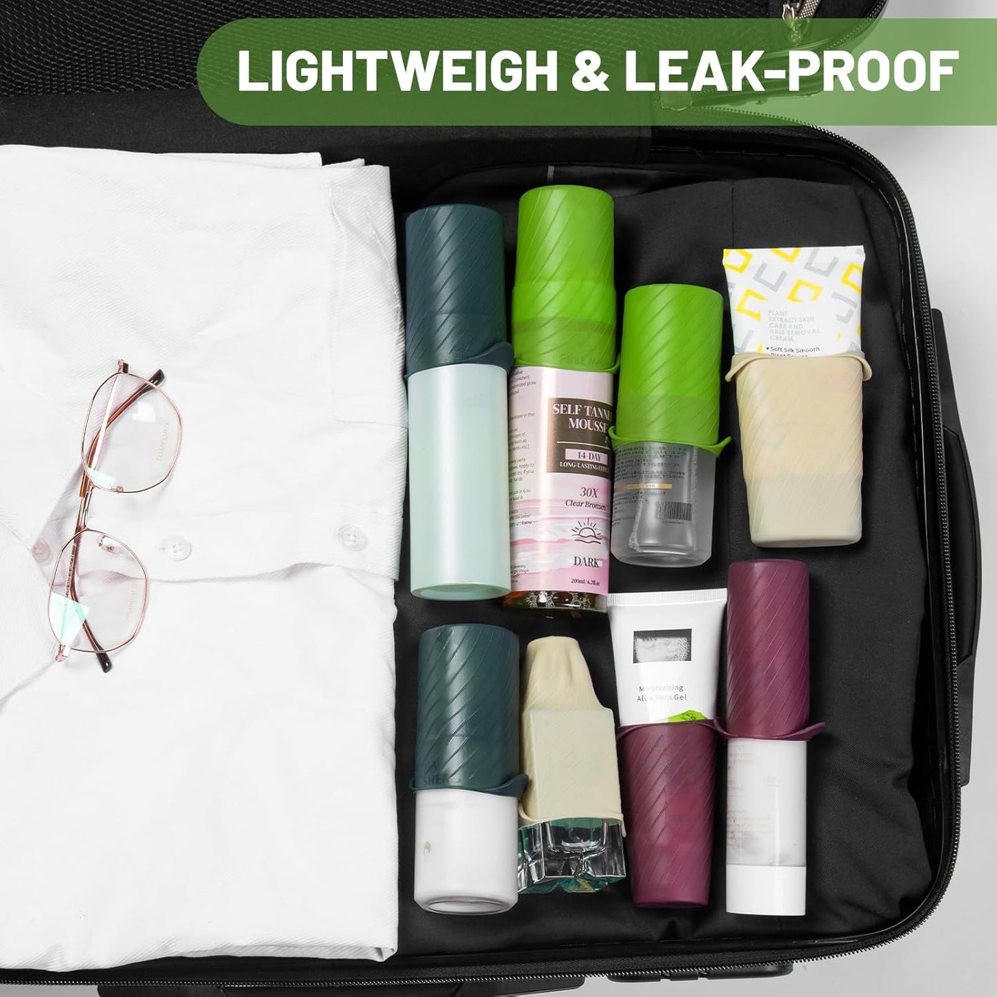 Bottle Covers for Travel, Leak Proofing, Travel Size Container Silicone toiletry sleeves, Leak Locks Travel Accessories for Shampoo Wash Body Bottles and other beauty and personal care(8pcs)