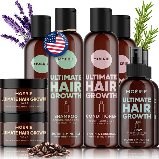Moerie Shampoo and Conditioner Plus Hair Mask and Hair Spray Mega Pack – The Ultimate Hair Care Set – For Longer, Thicker, Fuller Hair - Volumizing Hair Products – Paraben & Silicone Free - 8 items