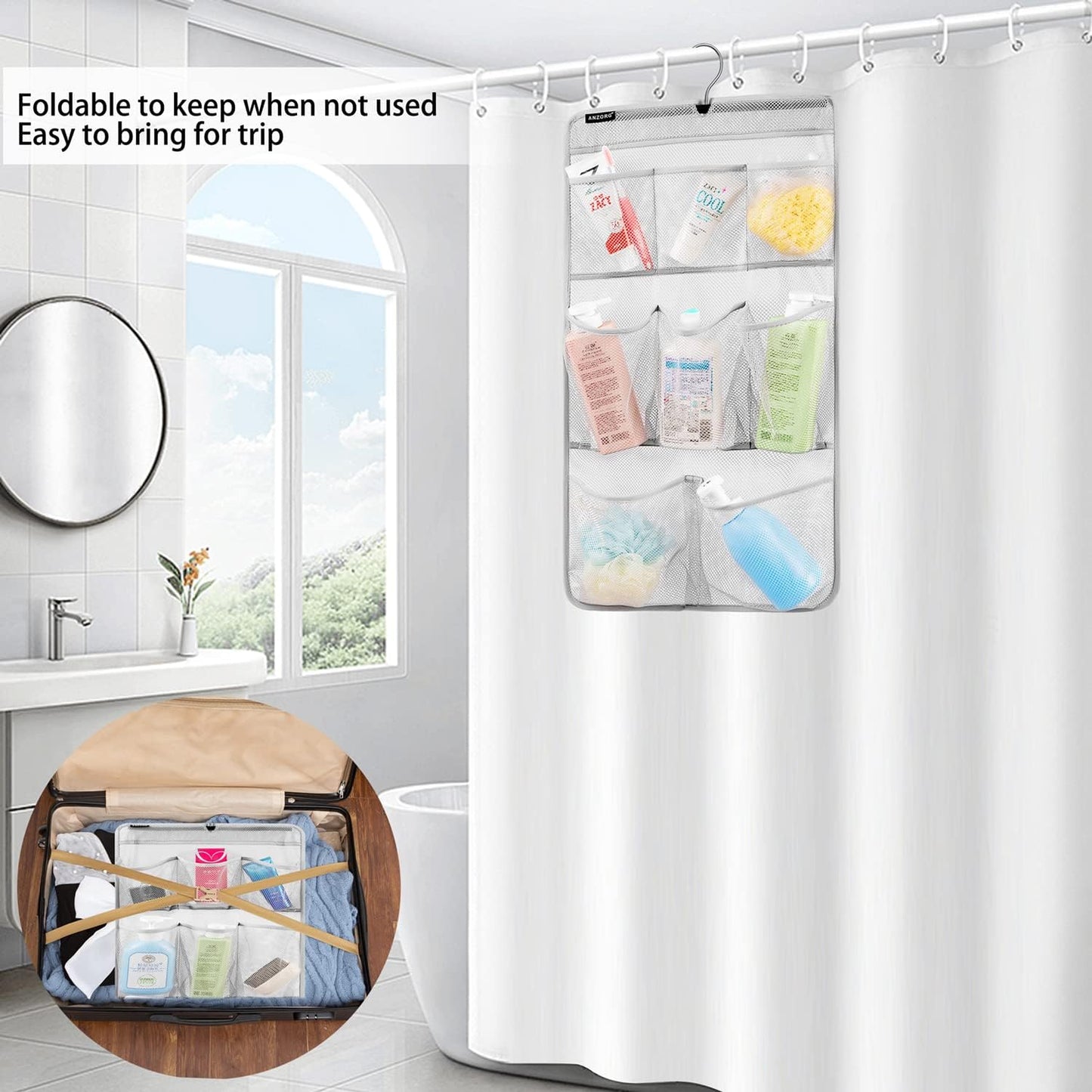 Mesh Shower Organizer Hanging Caddy Quick Dry Bathroom Storage for Toiletry Accessories with Rotating Hanger (8 Pockets)