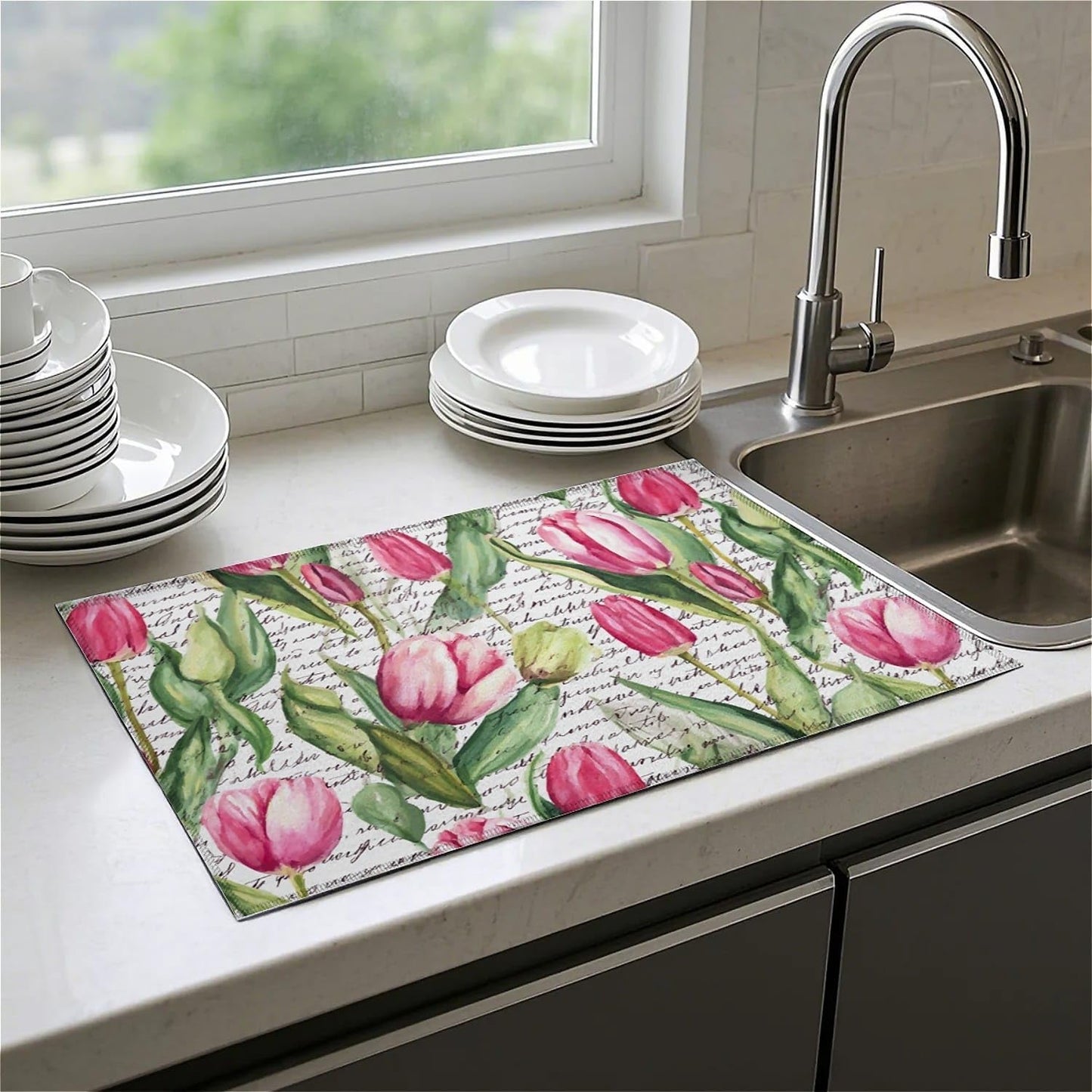Dish Drying Mat For Kitchen Counter, Pink Tulip Flowers Text Microfiber Absorbent Dish Drainer Rack Pad Reusable Large 18x24in Drying Mat