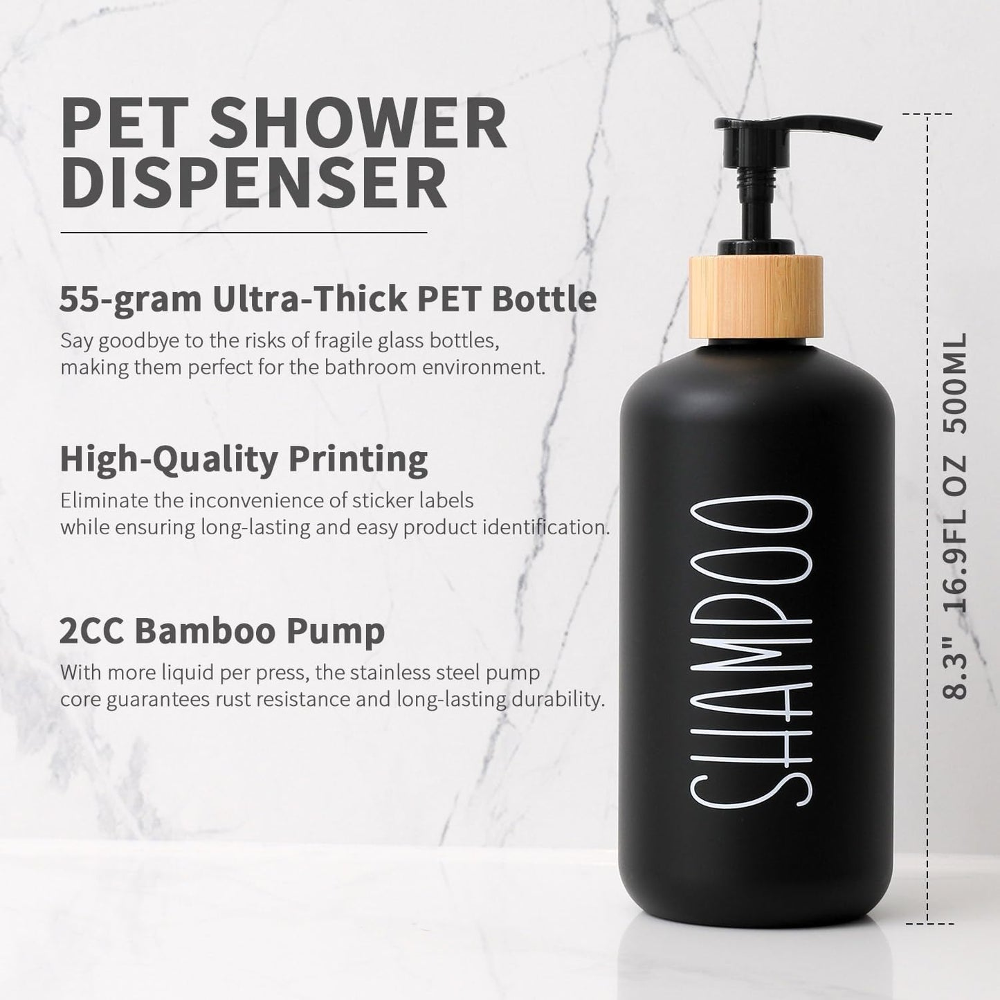 MOMEEMO Black Shower Soap Dispenser Set, Contains 3 Extra-Thick PET Plastic Bottles with Bamboo Pumps, Shampoo Bottles Refillable with Pump Perfect for Guest Room Must Haves. (Black)
