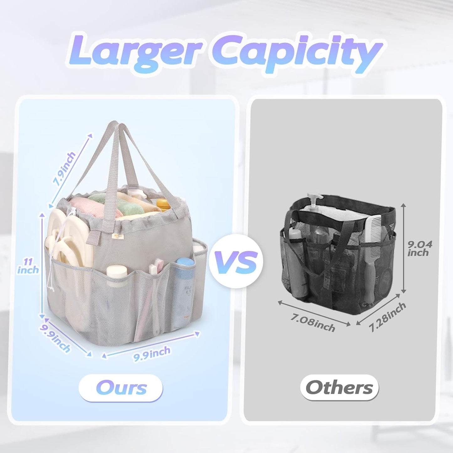 Mesh Shower Caddy Portable with Drawstring, Dorm Room Essentials for College Students, Grey Shower Bag for Camping,Swimming,Gym,Travel,Bathroom