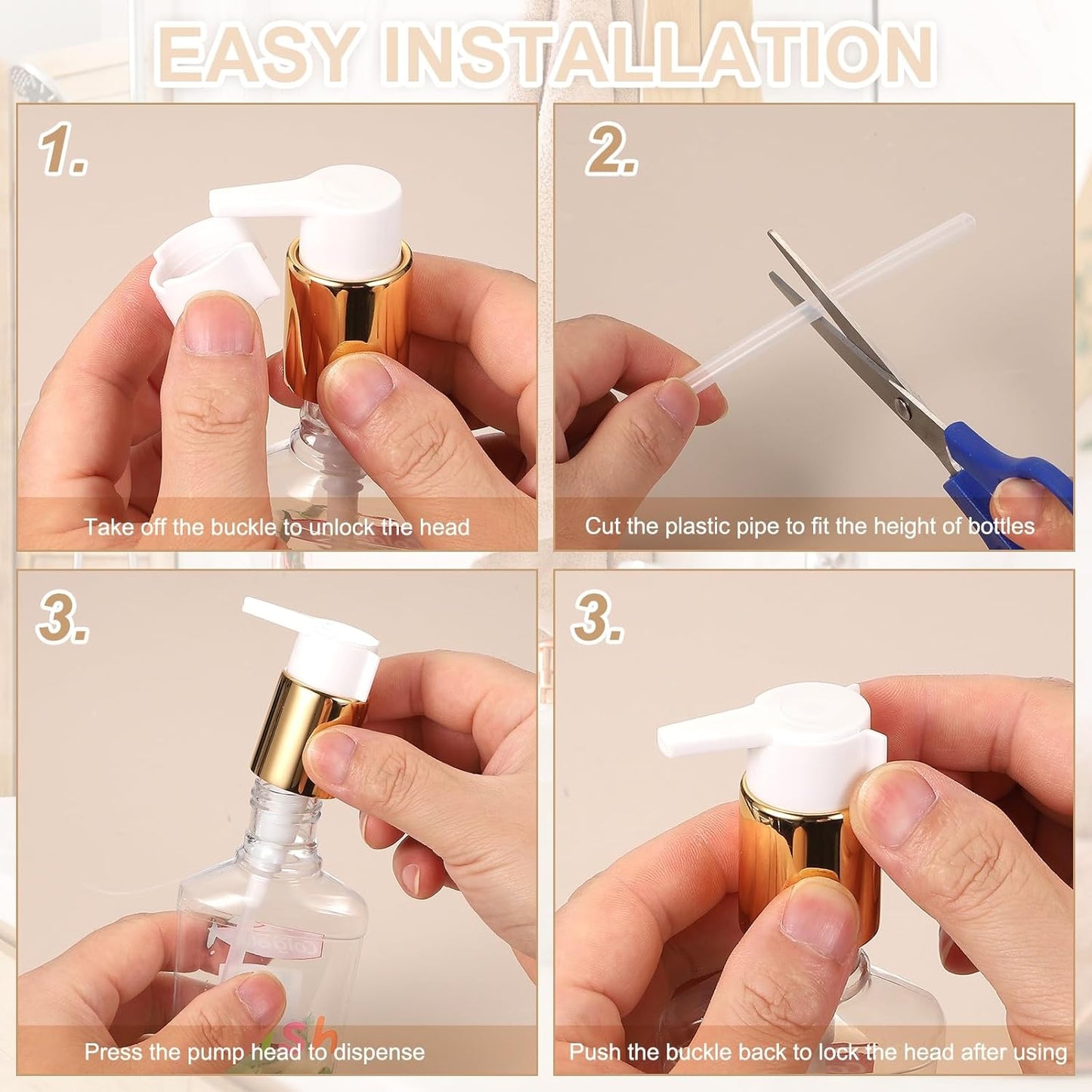 uxcell 4 Pcs Soap Dispenser Pump Heads, Hand Soap Dispensers Top Pumps Replacement Clip-on Pumphead for Standard 24/410 Neck Size Bathroom Lotion Shampoo Bottle, Gold White