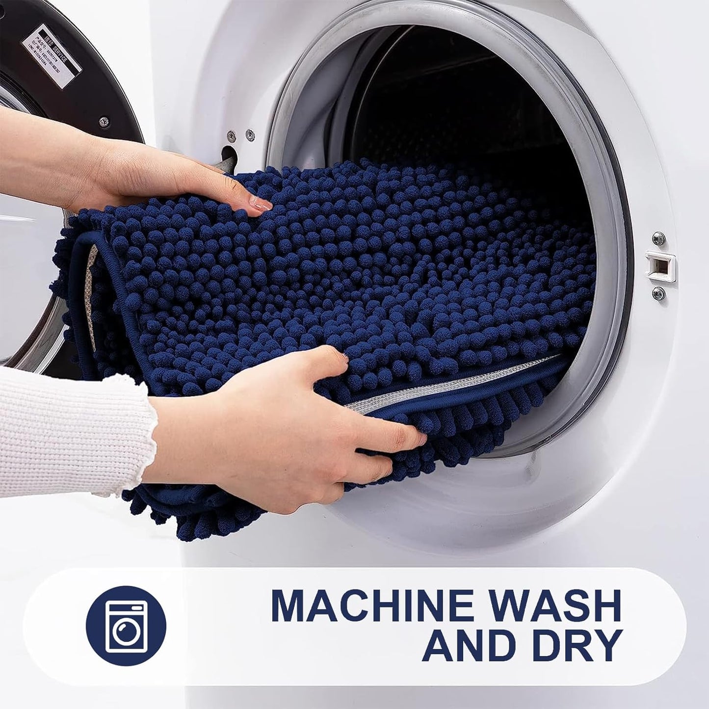 Grandaily Chenille Striped Bathroom Rugs 70x24, Extra Thick and Absorbent Bath Mats, Non-Slip Soft Plush Shaggy Shower Carpet, Machine Wash Dry, Bath Rug for Bathroom, Navy