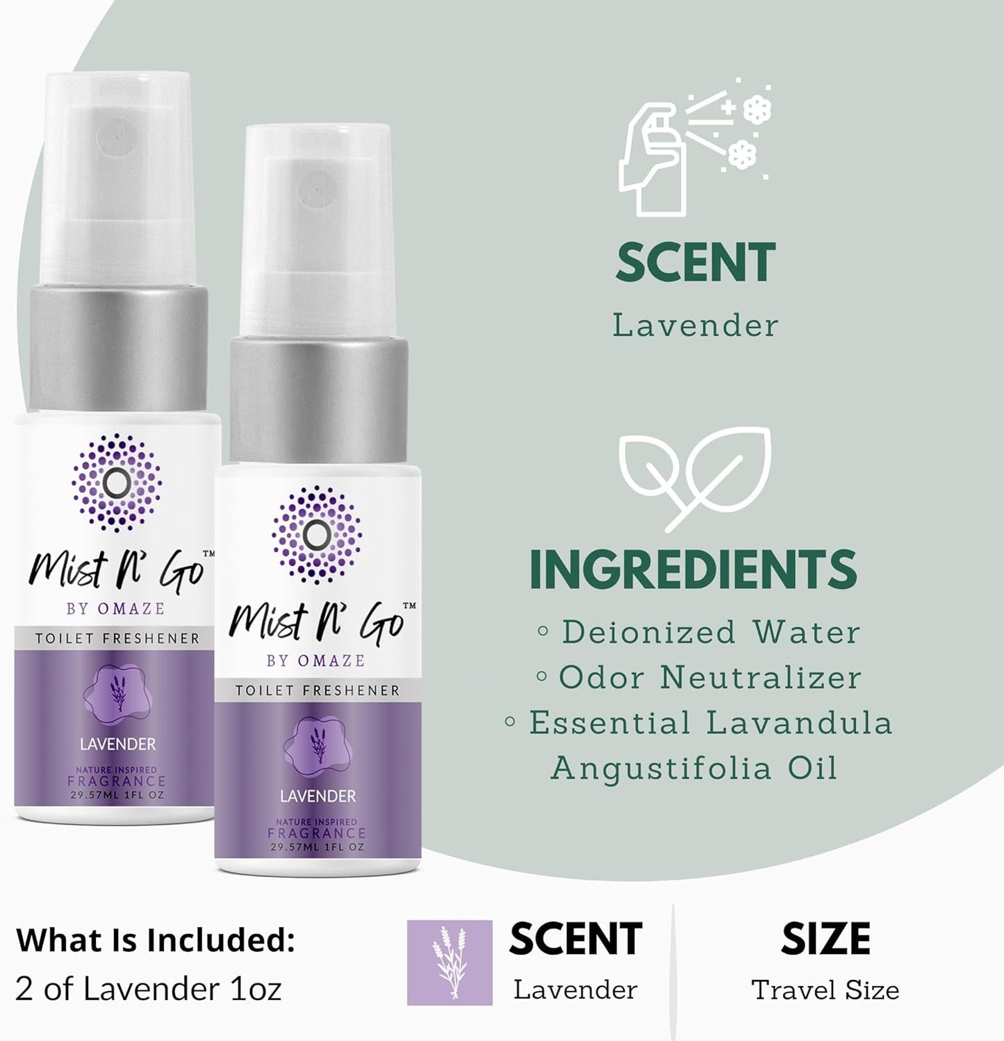 Mist N’ Go by Omaze Travel Bathroom Spray for Toilet Spray Odor Eliminator - Travel Toilet Spray for Bathroom Air Freshener Spray for Bathroom Deodorizer - Lavender Travel Size (1oz x2)