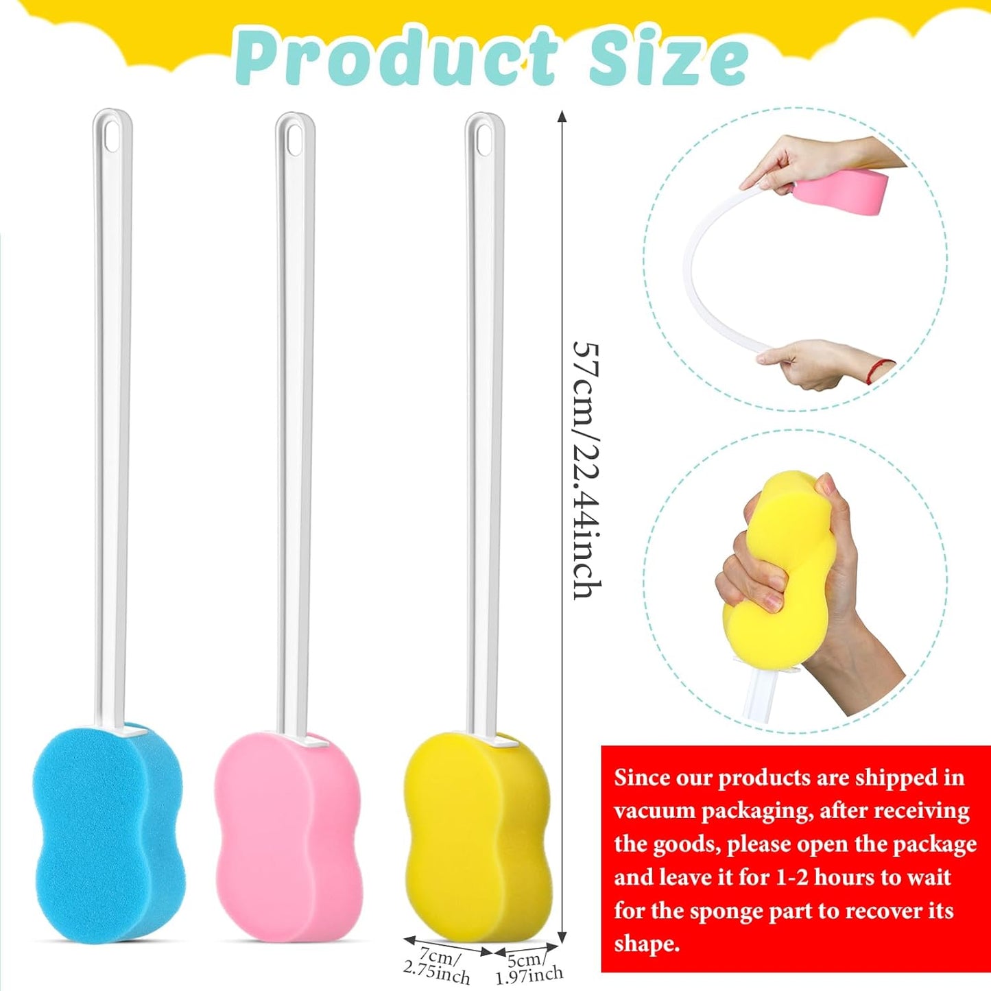 3 Pieces Long Handle Sponge 22.4'' Back Sponge on a Stick Body Brush Handled Washer Scrubber for Foot Body Limited Motion (Pink, Blue, Yellow)