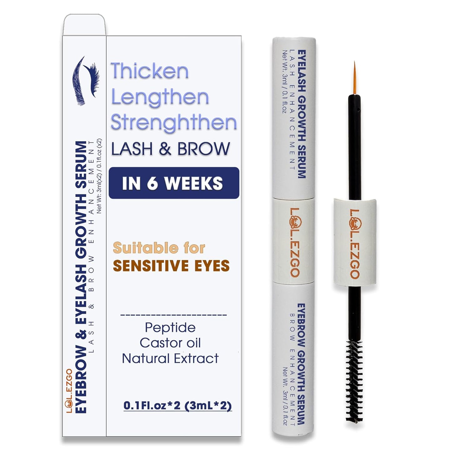 Eyebrow & Eyelash Growth Serum for Sensitive Eyes (2 in 1) - Peptide, Castor Oil & Natural Extract in Formula to Strengthen Thicken Lengthen Lash and Brow - 3mLx2 for 3 Months Supply