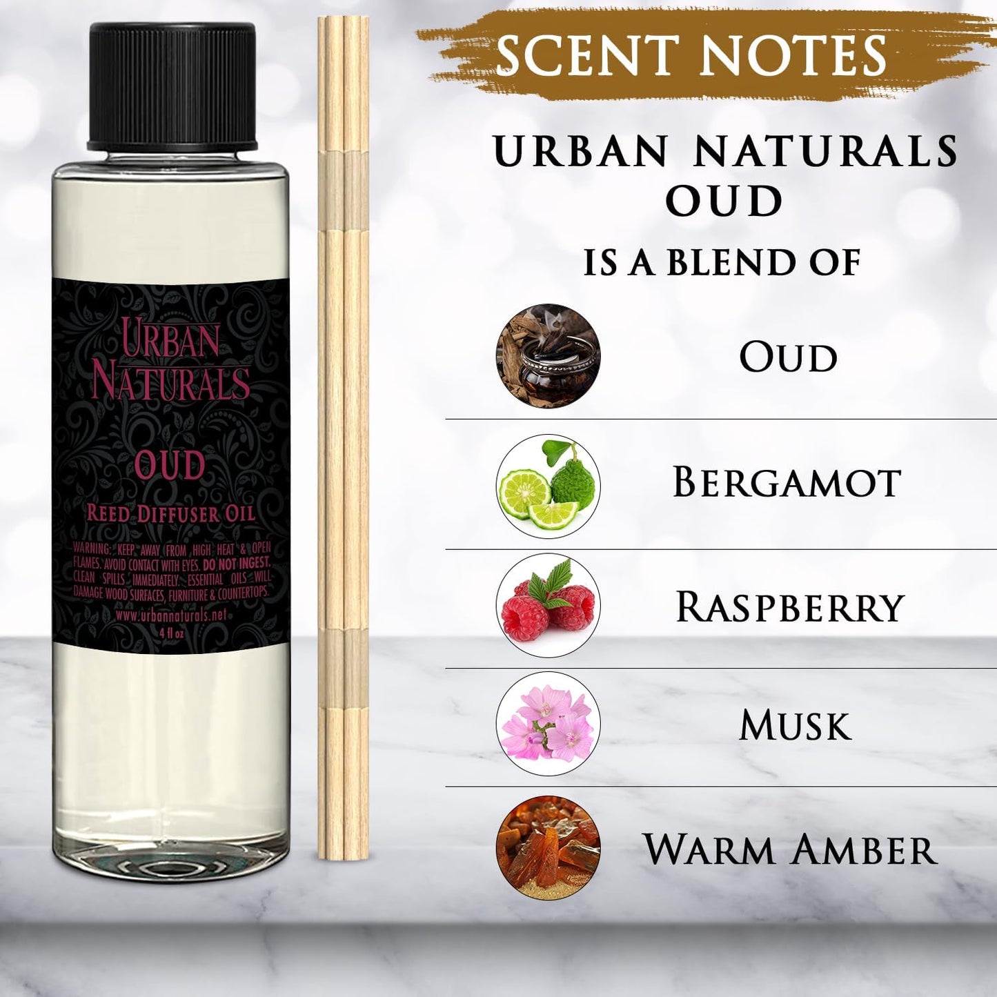 Urban Naturals Reed Diffuser Oil Refill, Oud Diffuser Oil with Raspberry, Warm Amber, Bergamot, 4 oz + Free Reed Sticks, Made in The USA