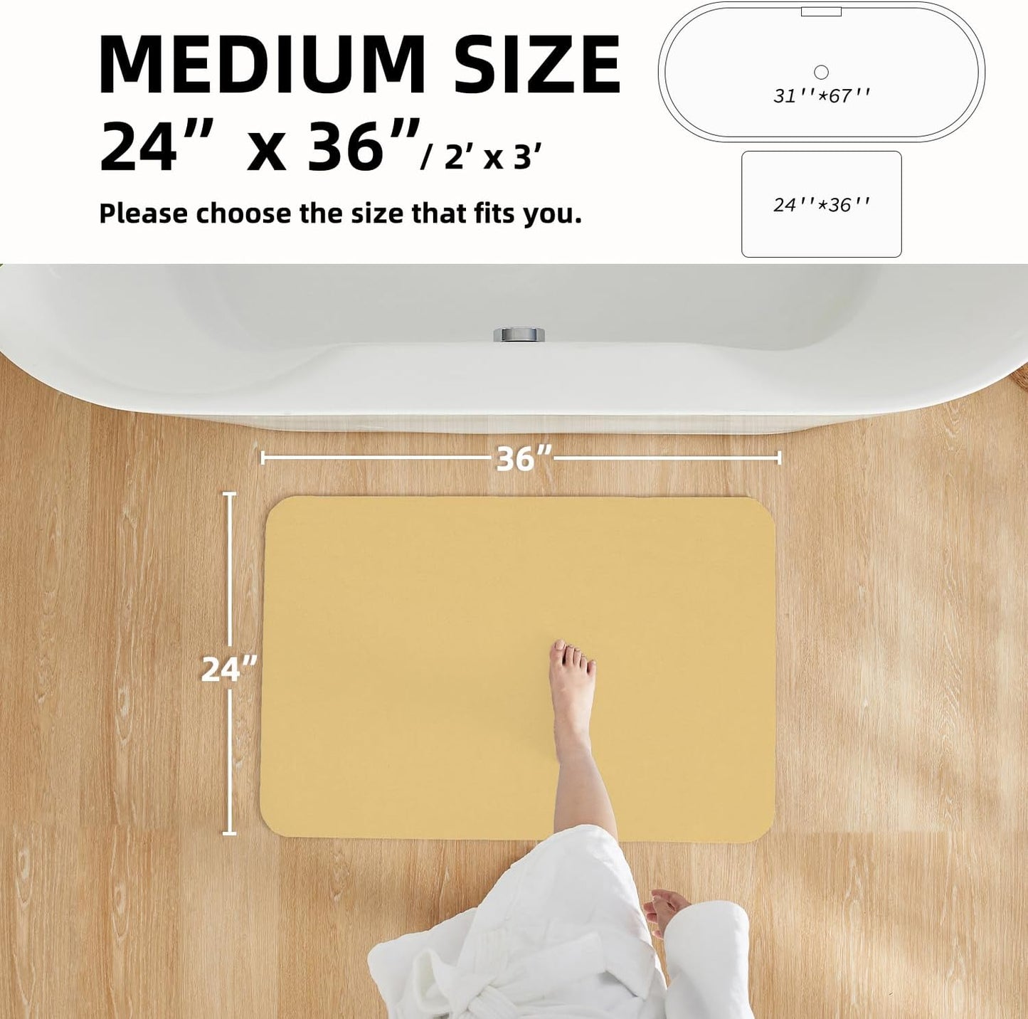 Bathroom Mat Quick Dry, Bathroom Rugs Non Slip Washable Thin Absorbent Bath Mat Fits Under Door Bathroom Floor Mat Perfect for Bath, Shower, or Sink 24"x36" Light Yellow