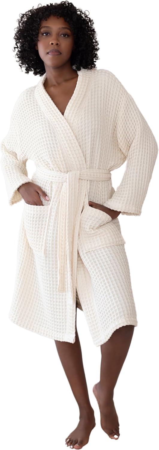 Womens Kimono Waffle Robe - Lightweight 100% Turkish Cotton Housecoat for All-Day Lounging - Bathrobe for Shower