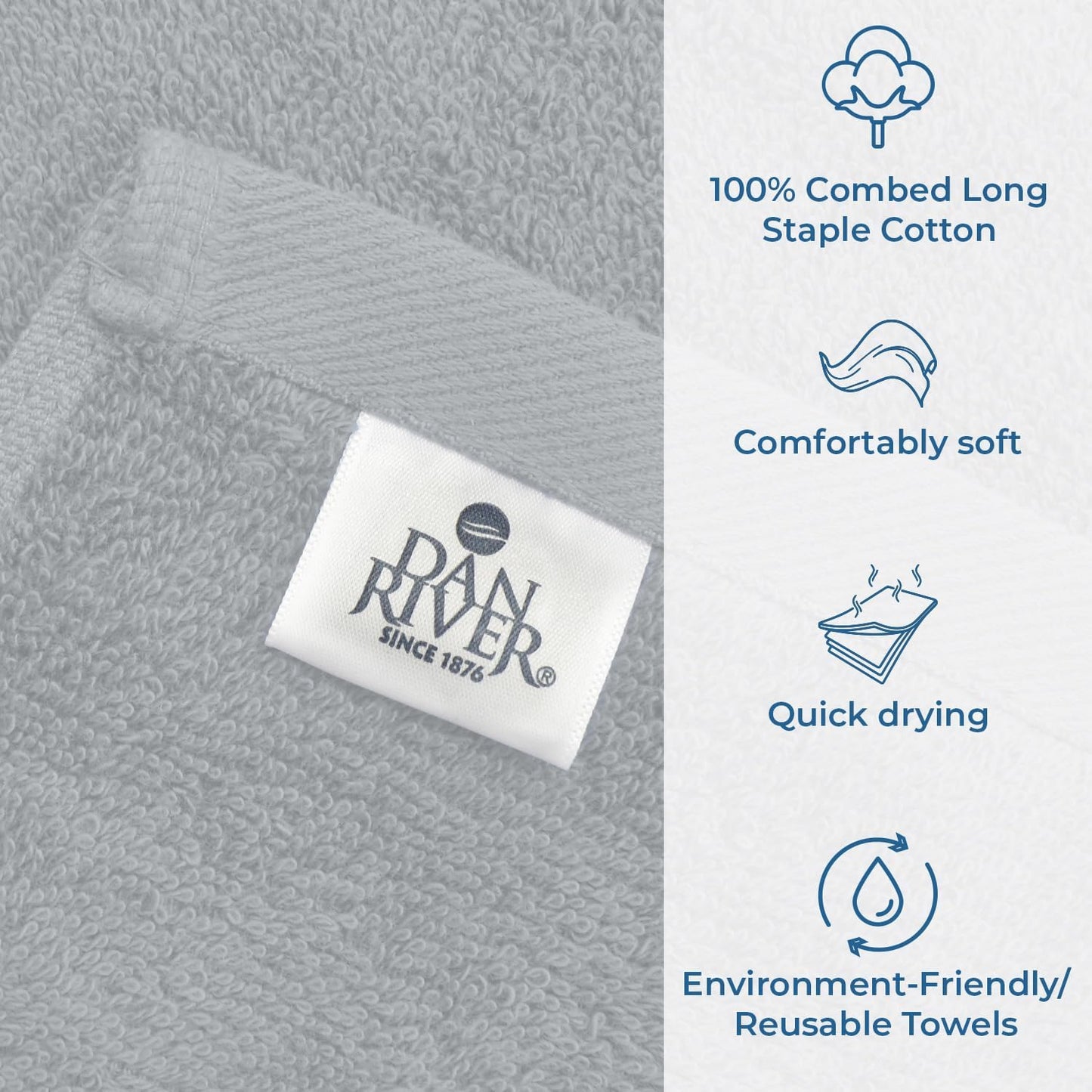 DAN RIVER Bath Towels Set of 4, 27 x 54 Inches, 100% Cotton, Larger & Lighter Weight, Quicker to Dry, Super Soft and Absorbent, Ideal Thick Towels for Daily Use, Silver