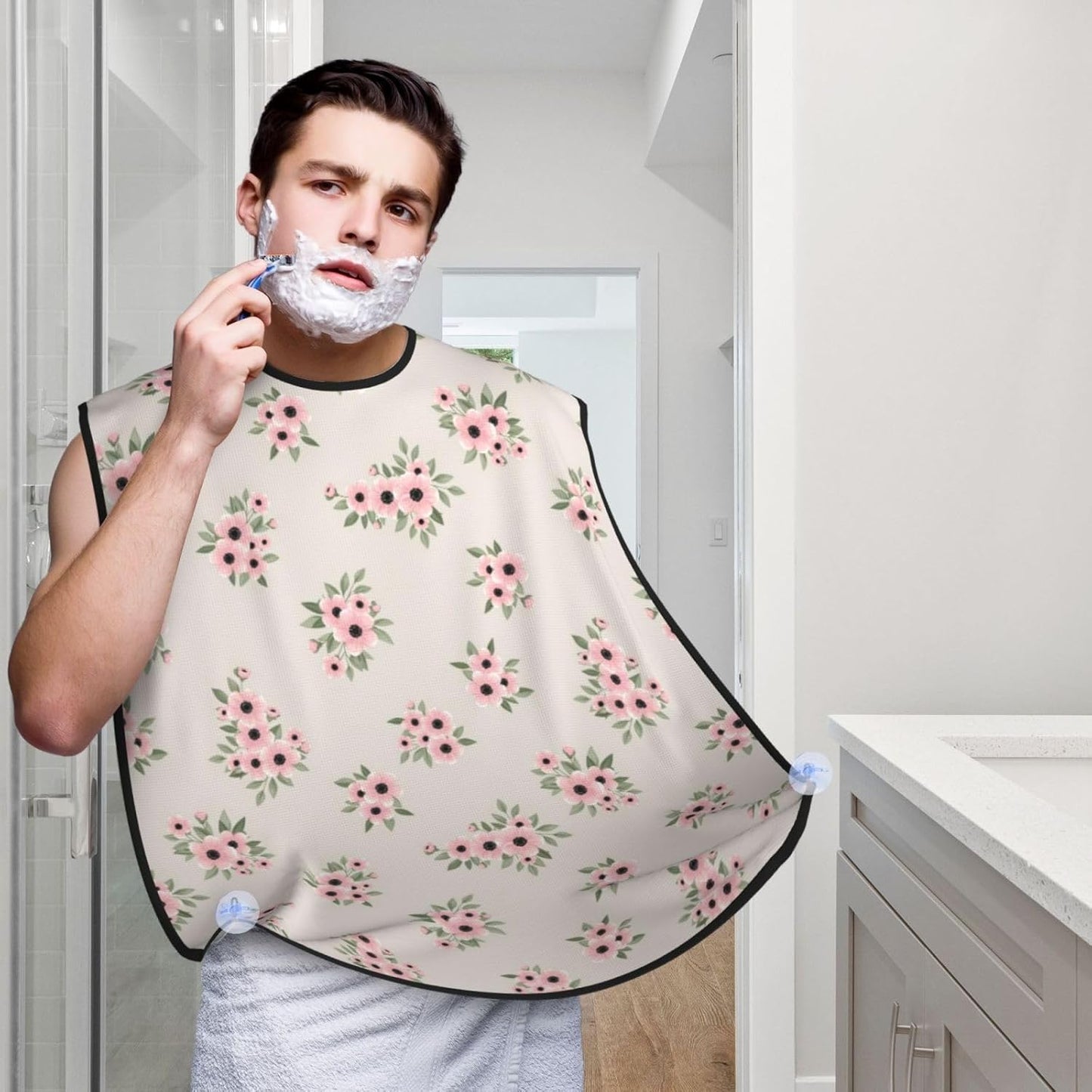 Ultimate Shaving Bib, Beard Trimming Apron with Hair Catcher, Pink Purple Daisy Flowers Green Leaves Floral