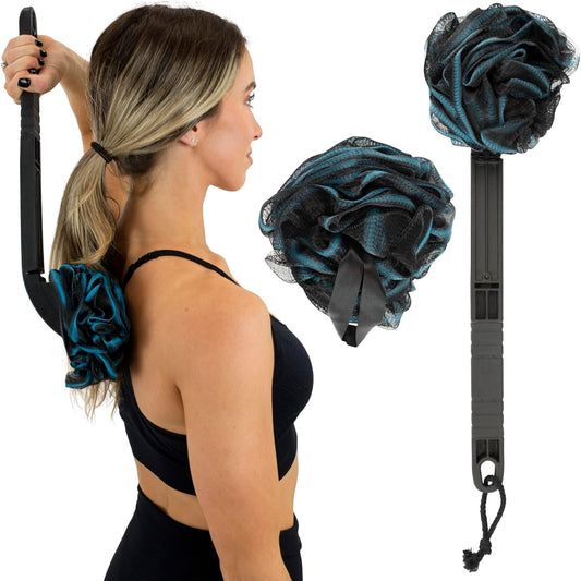 Vive Long Handled Loofah on a Stick - Mesh Back Sponge for Bath, Reusable w/Extra Pouf - Exfoliating Scrubber for Elderly & Disabled, Soft Loofa for Bathing Men & Women