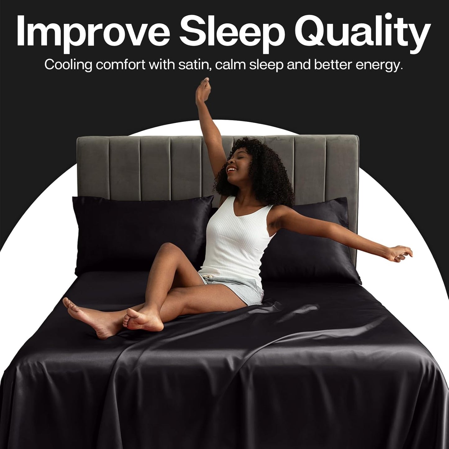 MR&HM Satin Pillowcase for Hair and Skin, Silk Satin Pillowcase 8 Pack, Queen Size Pillow Cases Set of 8, Silky Pillow Cover with Envelope Closure (20x30, Black)