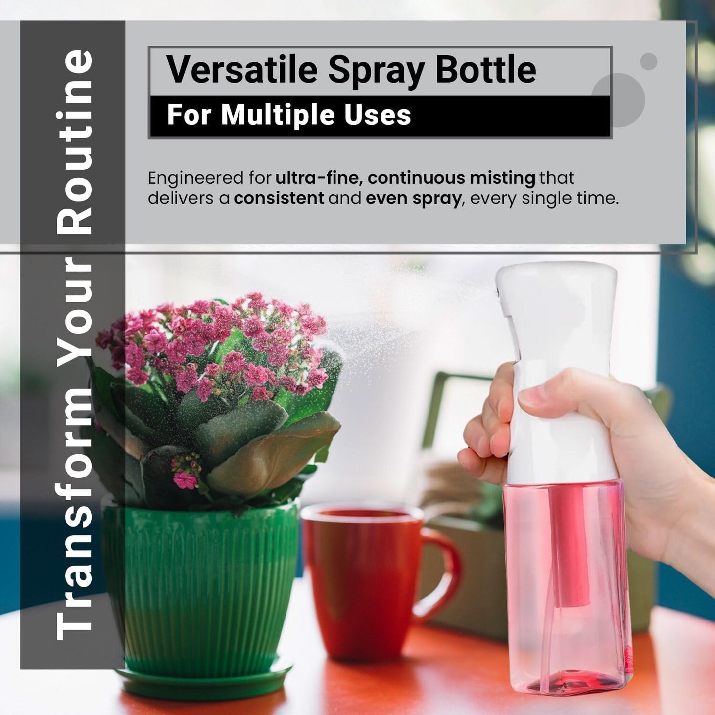 Continuous Mist Spray Bottle – Ultra Fine Mist for Hair Styling, Salon Use, and Versatile Applications – Ideal for Plants, Cleaning, and Travel – 5 oz Pink Octagon Shape Empty Bottle