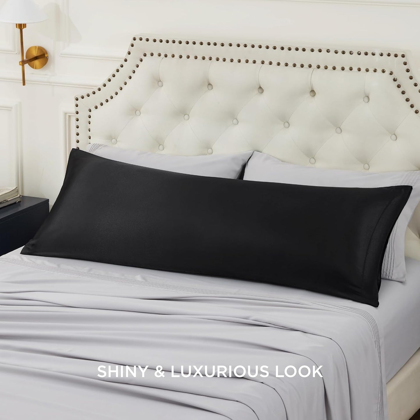 Bedsure Body Pillow Pillowcase - Cooling and Silky Long Body Pillow Covers with Envelope Closure, Satin Similar to Silk Pillowcase for Hair and Skin,Black,20x54 Inches