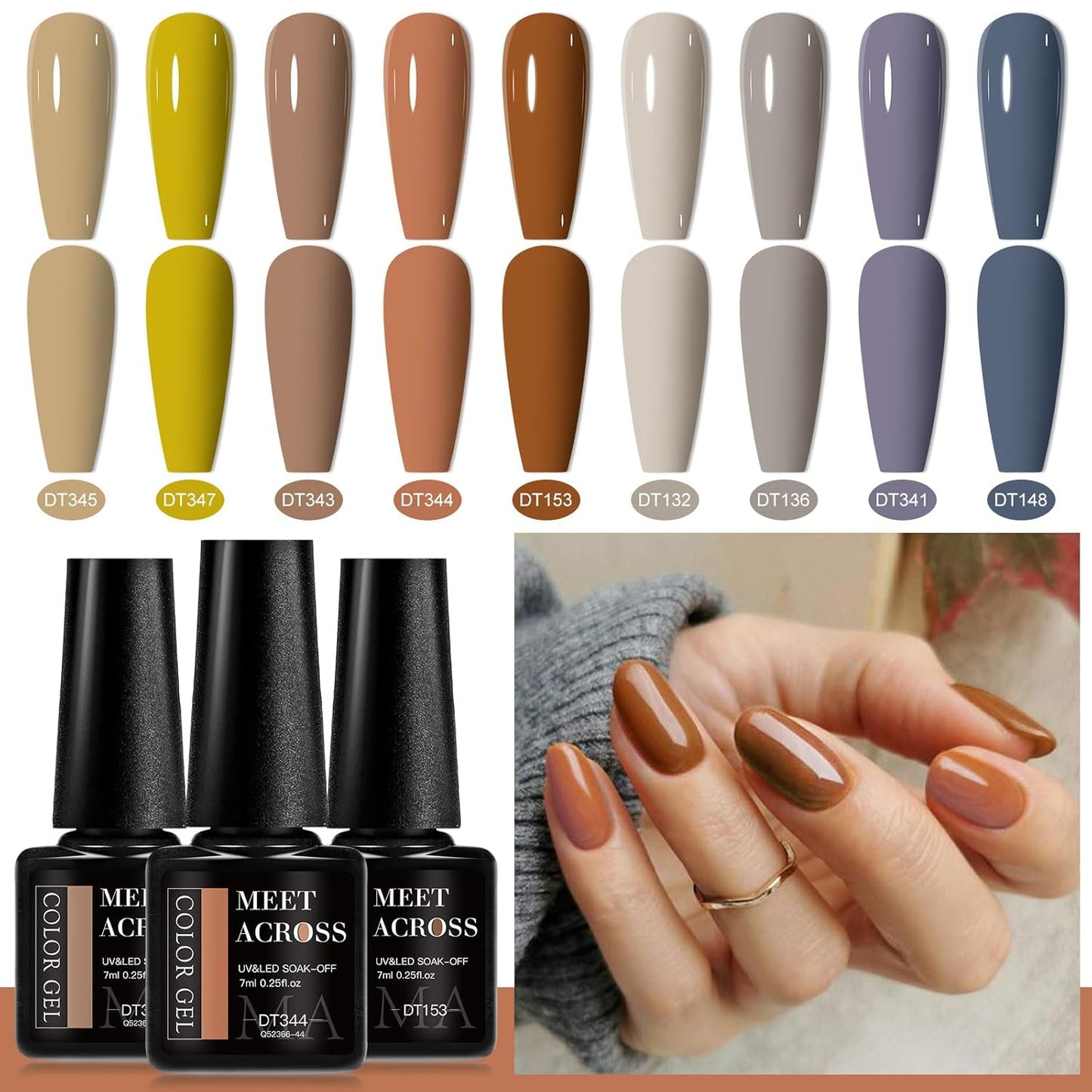 MEET ACROSS 9 Colors Gel Nail Polish + 3PCS Function Gel Nail Polish Kit,Fashion Nail Art Set Design Gifts for Women Manicure Salon (SET5, 12pcs)