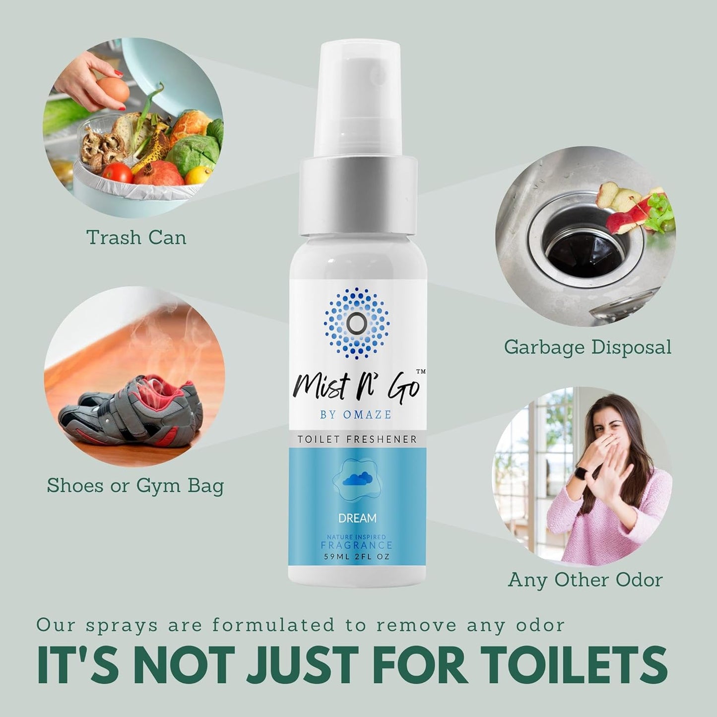 Mist N' Go by Omaze Travel Toilet Spray - Odor Eliminator and Bathroom Air Freshener Deodorizer - Dream Daily Pack (2oz x1 + 1oz x1)