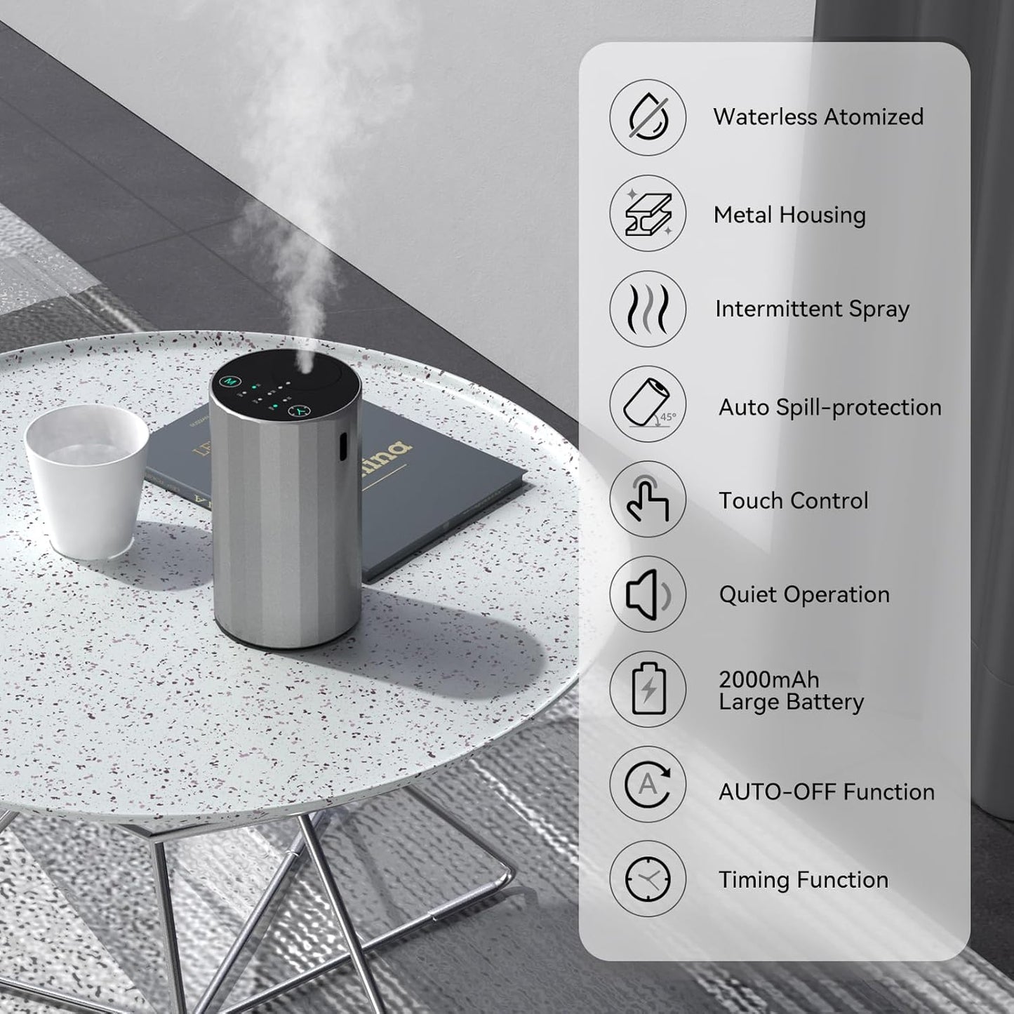 Waterless Essential Oil Diffuser Aromatherapy Scent Diffusers for Home Large Room, Bedroom, Car, Office, Desk, Battery Operated Mini Portable Air Freshener (Silvery)