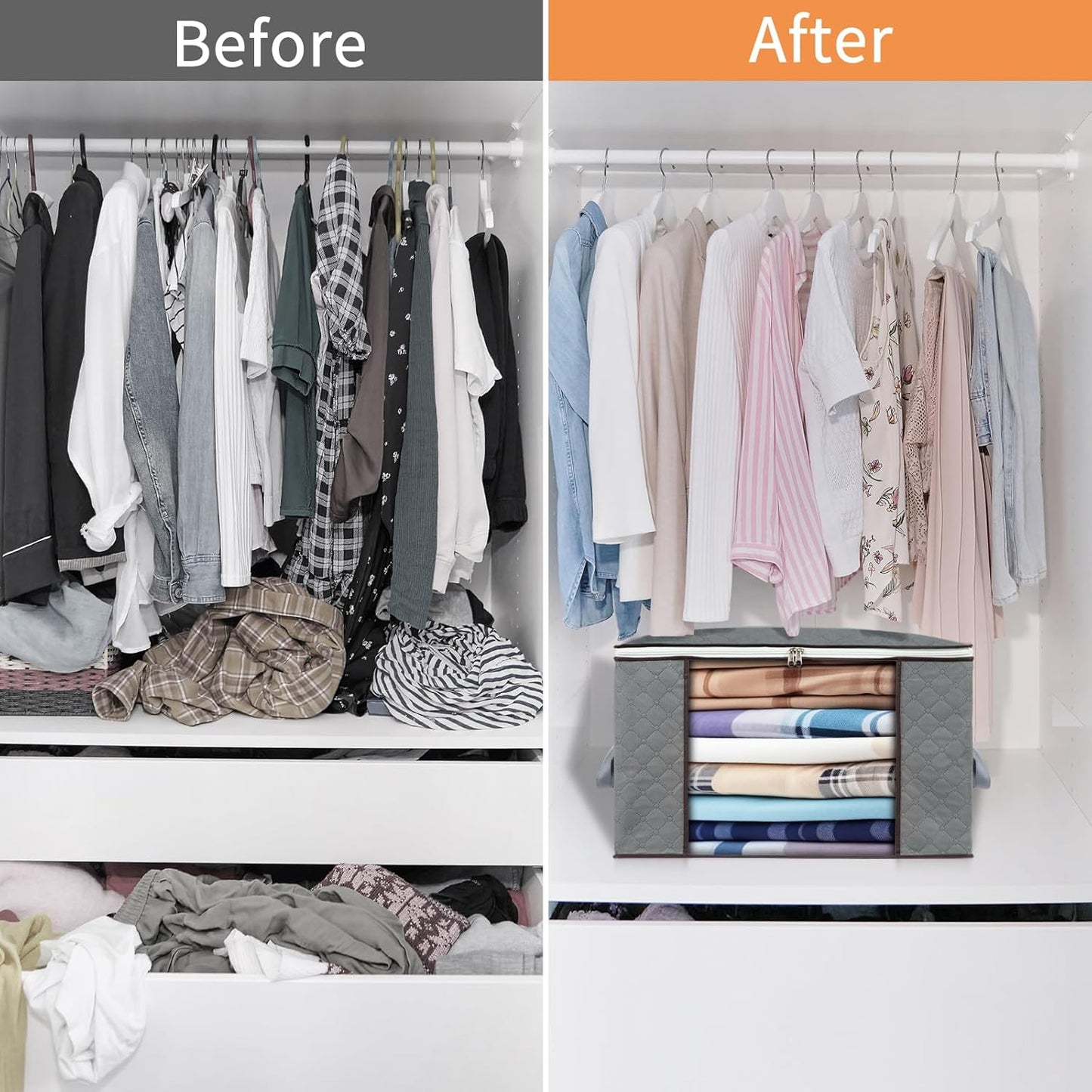 combocube 3 Pack Closet Organizers and Storage Containers, Clothes Storage Bins, Storage Bags with Large Clear Window & Handles for King Comforter, Pillow, Quilt, Bedding, Clothes