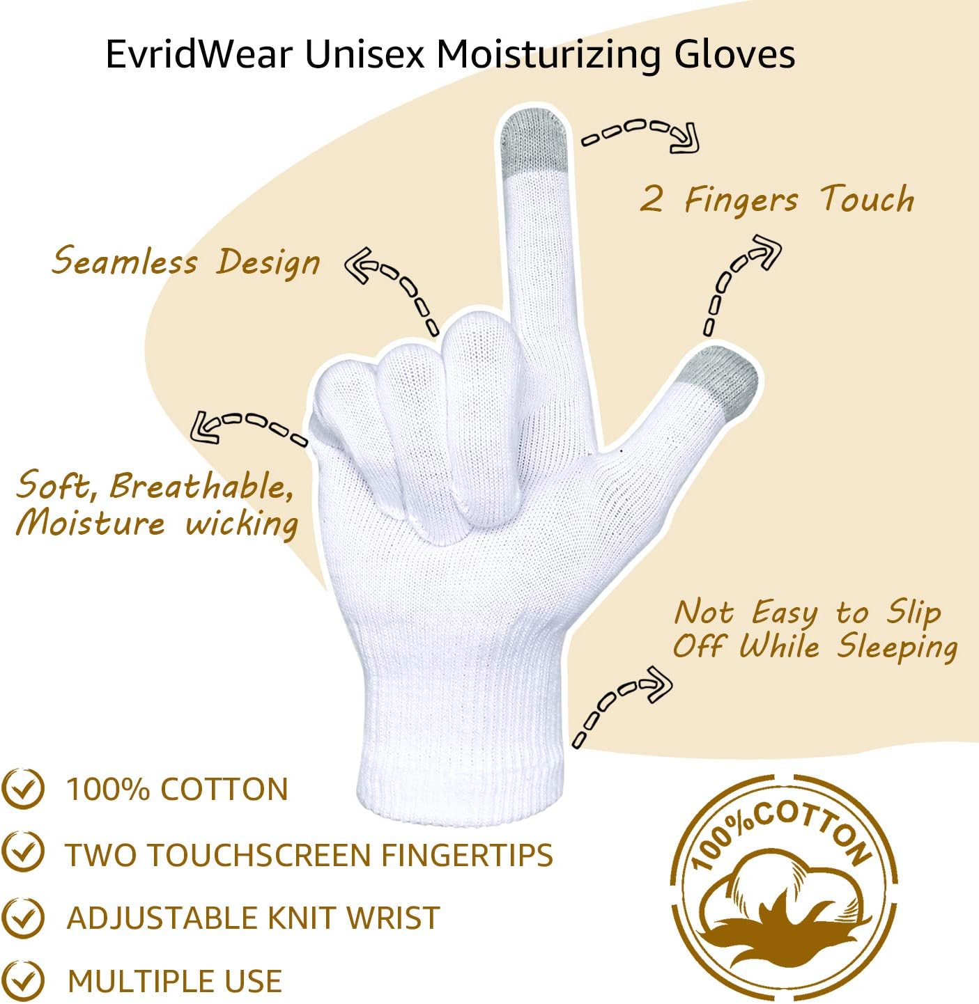 Evridwear Unisex Moisturizing Cotton Gloves with Touchscreen Fingertips for Eczema Beauty Cosmetic Dry Hands Sensitive Irritated Skin Therapy Overnight Bedtime, 6 Pairs, Lightweight-White, S/M