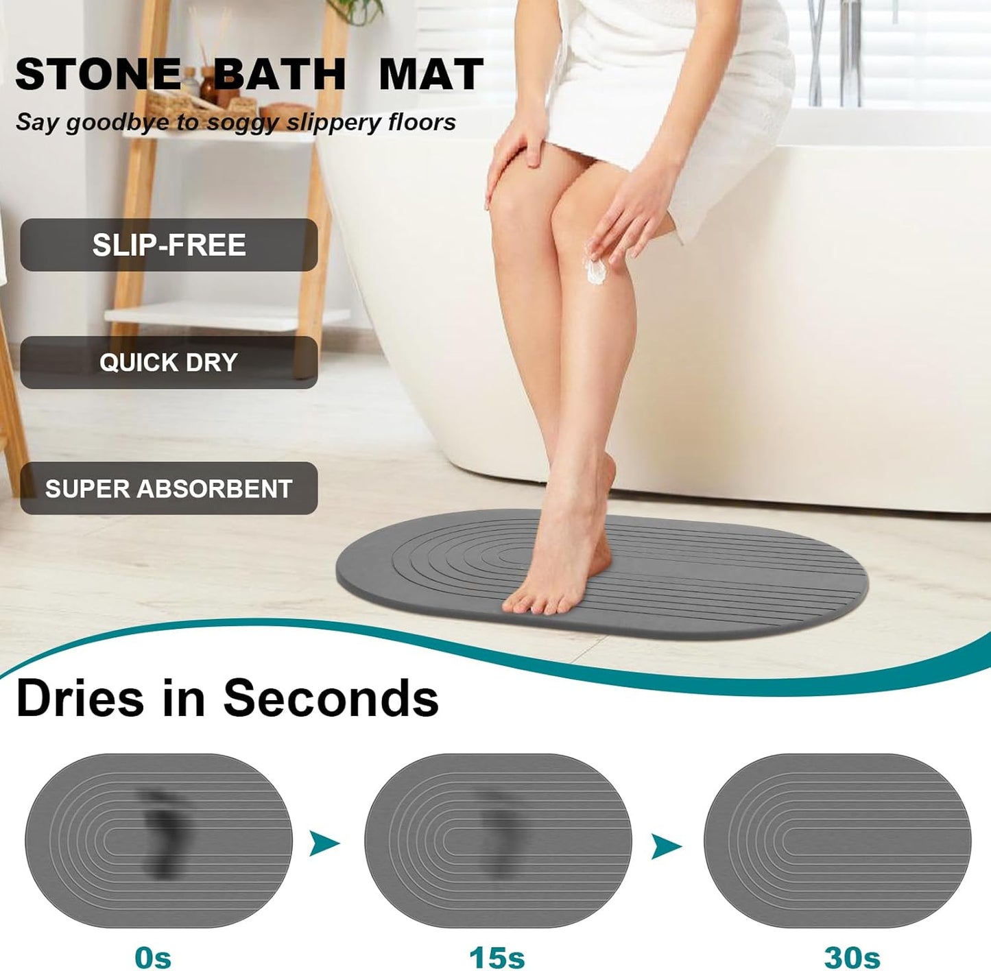 Elfcool Stone Bath Mat Diatomaceous Earth Shower Mat Non Slip Quick Dry Bath Stone Mat Super Absorbent Bathroom Floor Mat for Bathroom Kitchen Counter (Dark Grey)