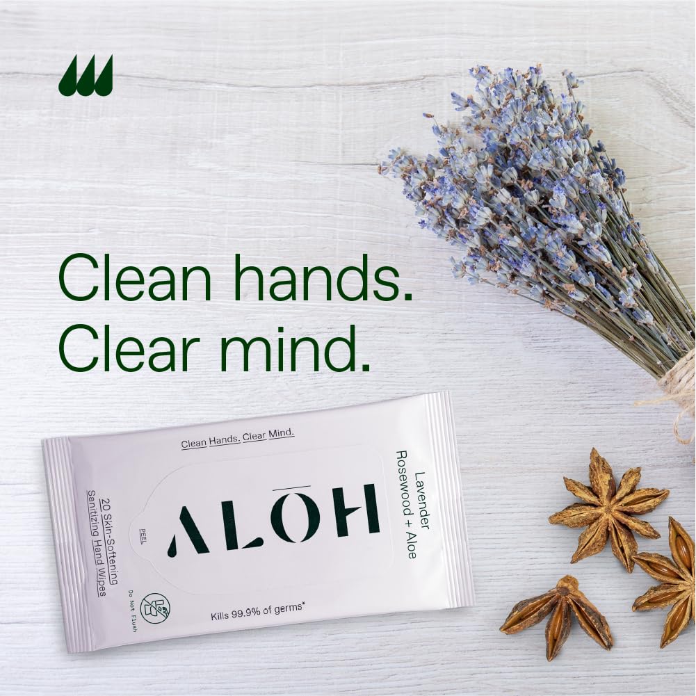 ALŌH Lavender Rosewood + Aloe Sanitizing Hand Wipes - Clean Hands, Clear Mind - On The Go Hand Sanitizer Wipes for Kids and Adults - Travel Size 6 Pack, 20ct (120 wipe)