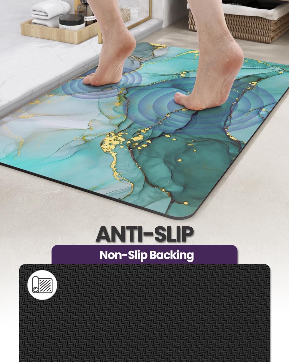 DEXI Bathroom Mat Ultra Thin, Non Slip Bath Rug for Shower Floor, Absorbent Quick Dry Marble Bathmats Low Profile, 16x24, Turquoise Green