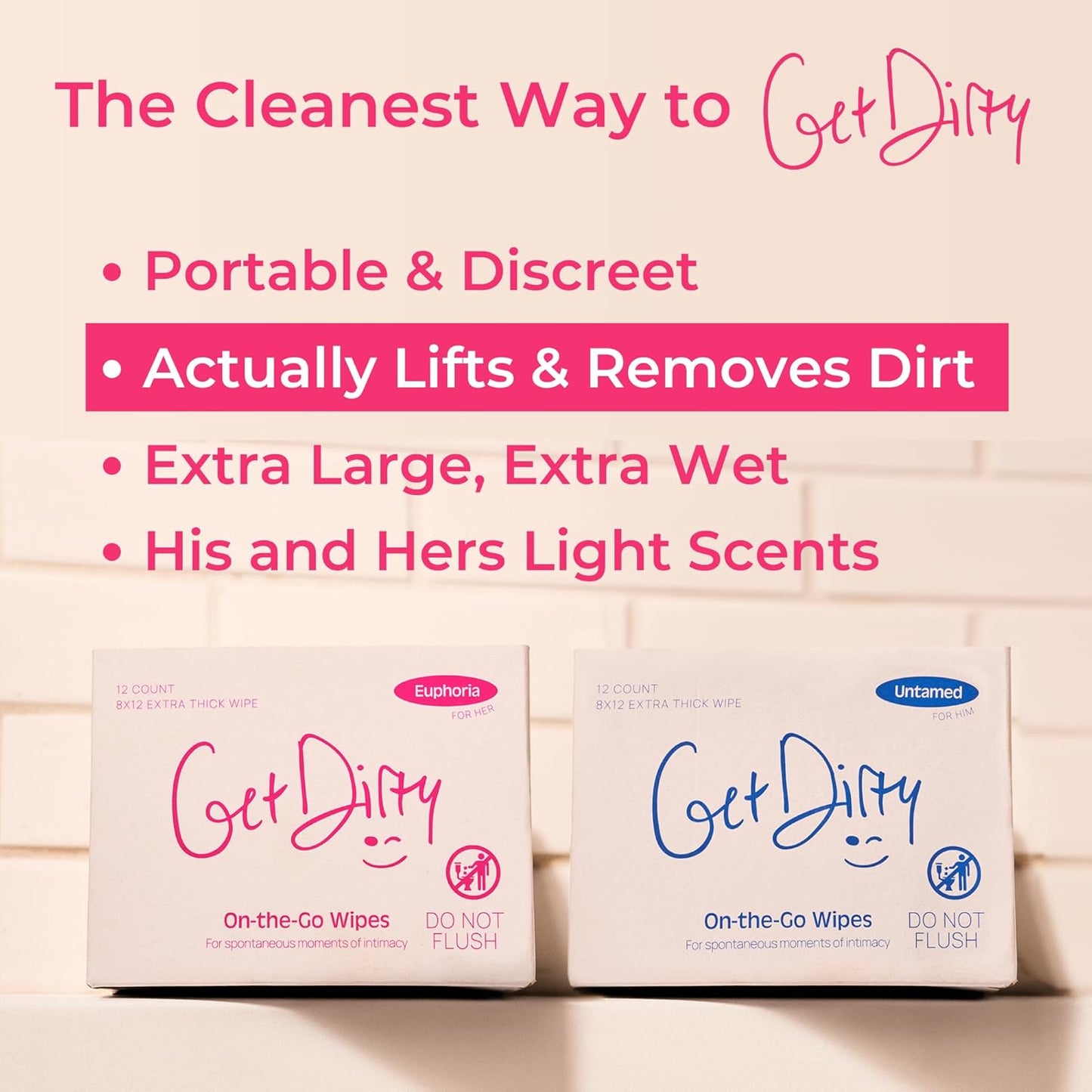GetDirty - Wet Wipes (Womens) Extra Large & Durable Towelette: Micellar Foam Technology - That Truly Eliminates Odors - Individually Packaged for On-The-Go Conveniance (1 case of 12 wipes)