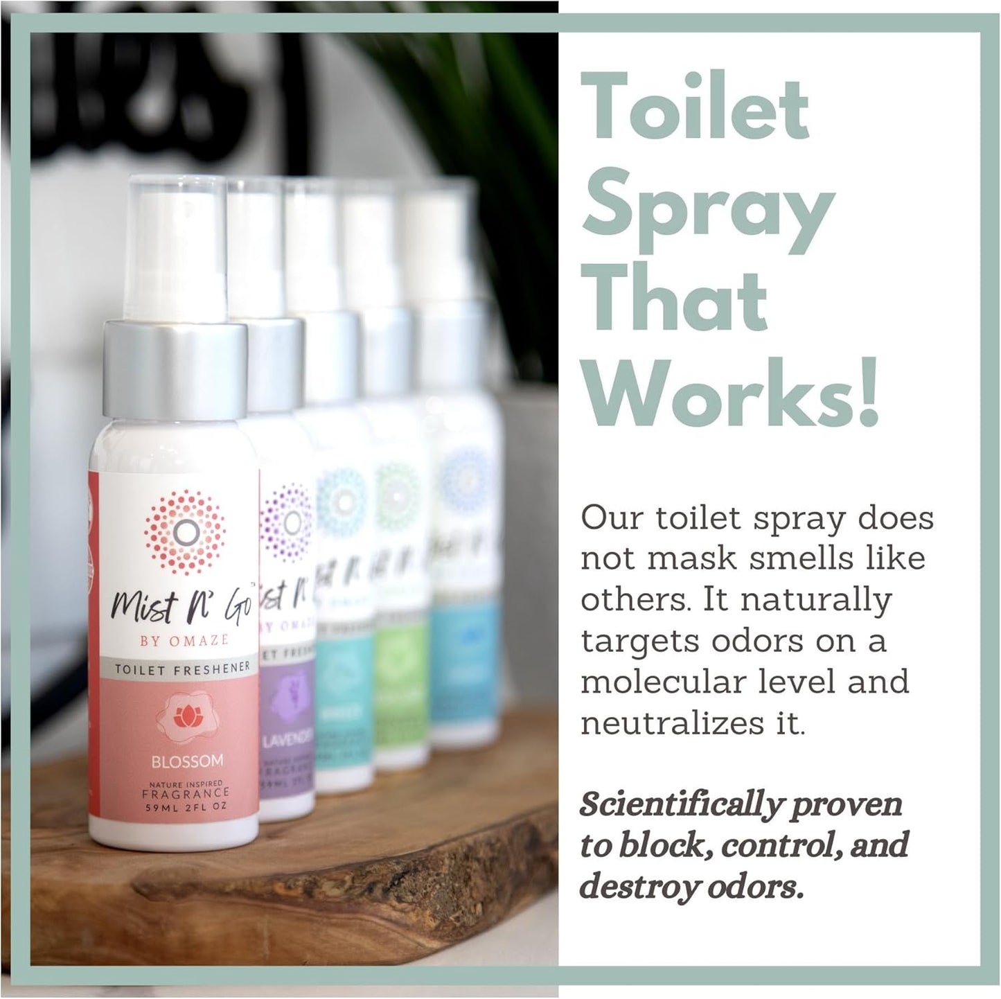 Mist N' Go by Omaze Travel Toilet Odor Eliminator - Air Freshener Spray for Bathroom Deodorizer - Mix All, Regular Size (2oz x5)