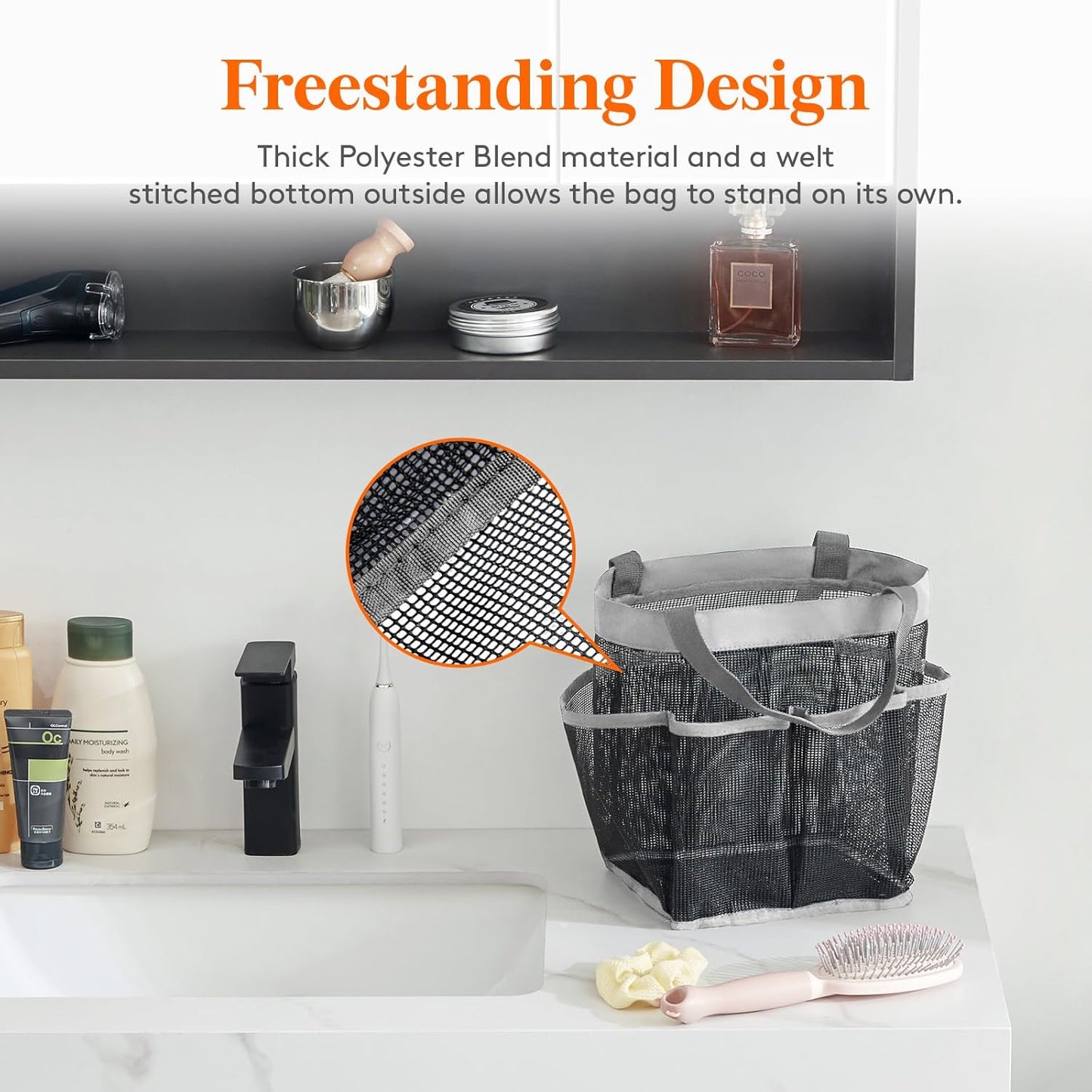 Lifewit Mesh Shower Caddy Freestanding Portable Shower Tote Bag for College Dorm, Bathroom, Gym, Travel, Quick Dry Hanging Organizer with 7 Storage Pockets for Toiletry Essentials, Grey
